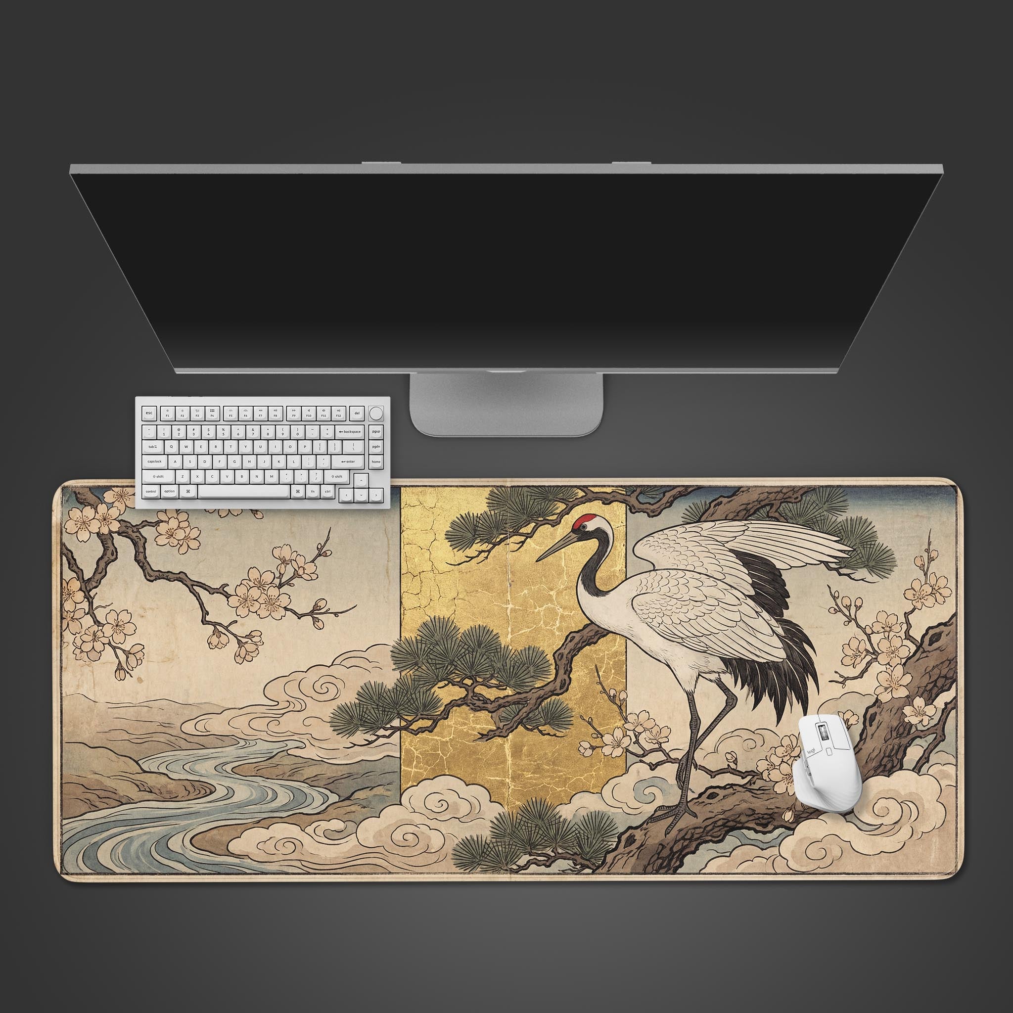 Top-down view of the Golden Longevity gaming desk mat with its Japanese crane art, shown with a white keyboard and mouse. - Epic Design Pads & Mousepads