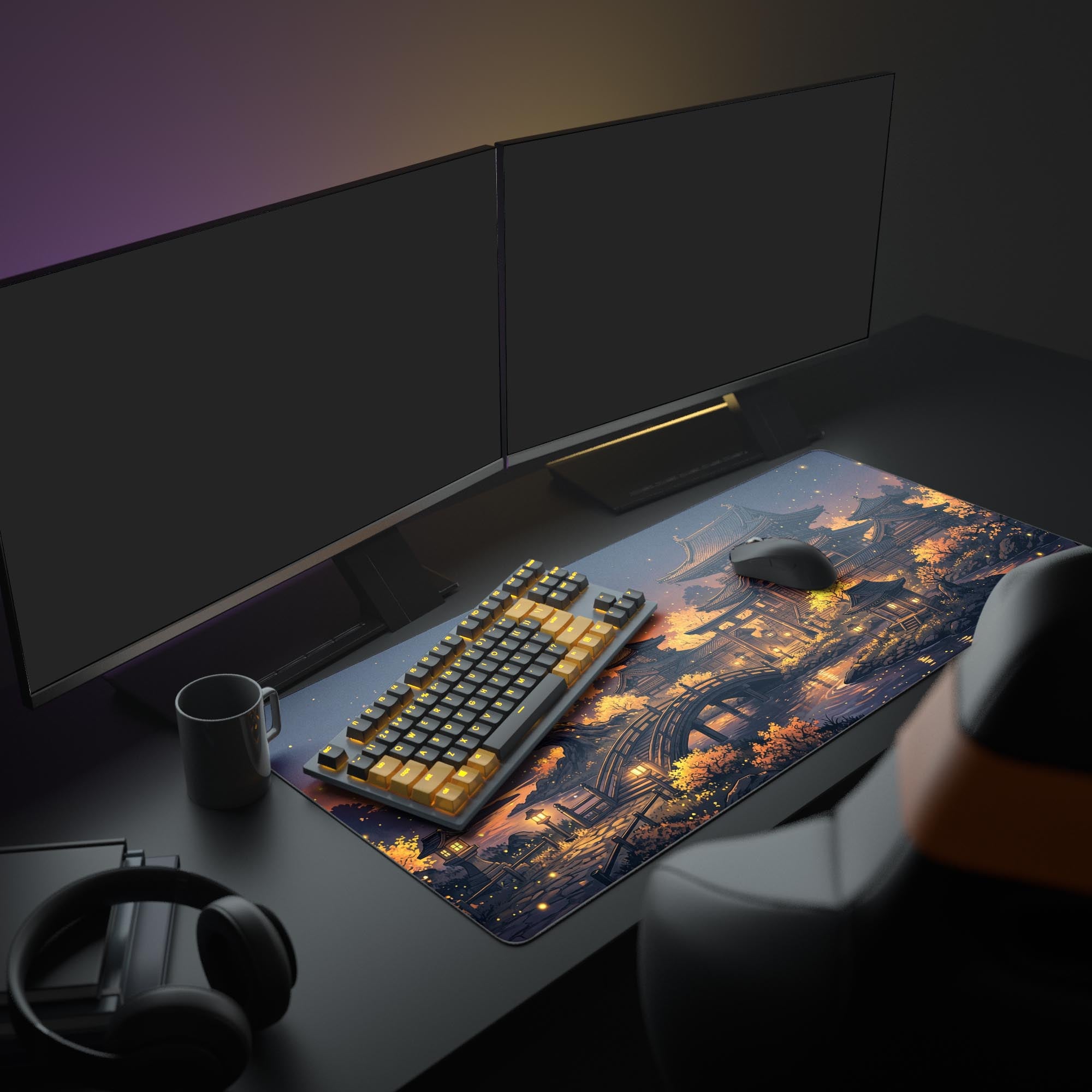A complete PC setup featuring the Golden Pagoda mouse pad. The Japanese temple design beautifully complements the illuminated gaming keyboard, mouse, and dual monitors for an aesthetic workspace. - Epic Design Pads & Mousepads