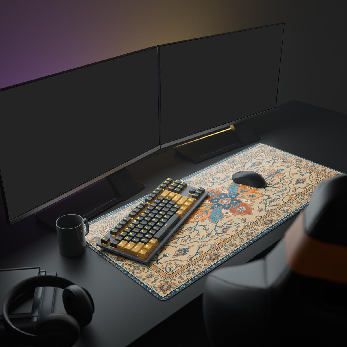 Large Persian rug desk mat in a light academia office setup with a monitor, plant, and books, creating an elegant workspace. - Epic Design Pads & Mousepads