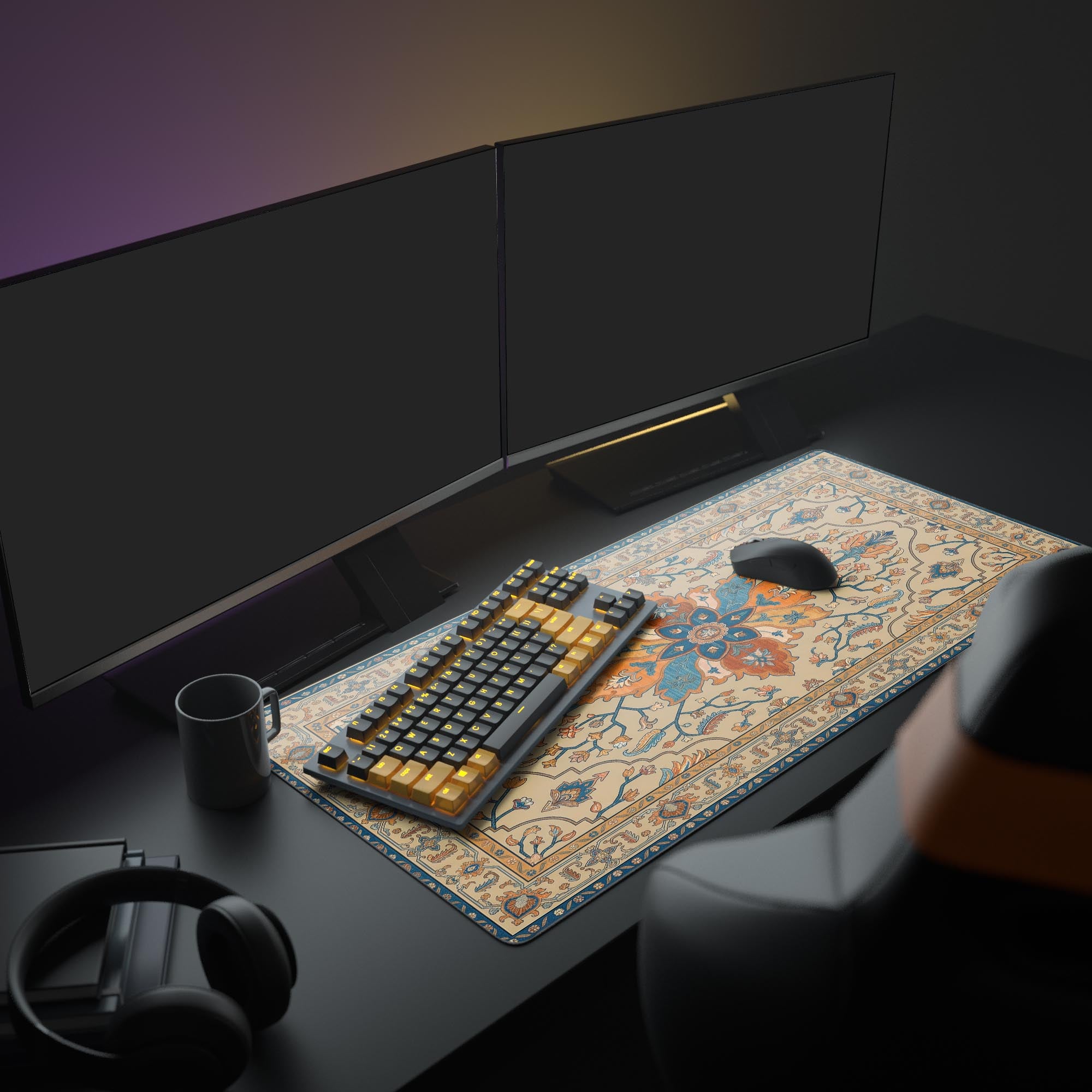 Large Persian rug desk mat in a light academia office setup with a monitor, plant, and books, creating an elegant workspace. - Epic Design Pads & Mousepads