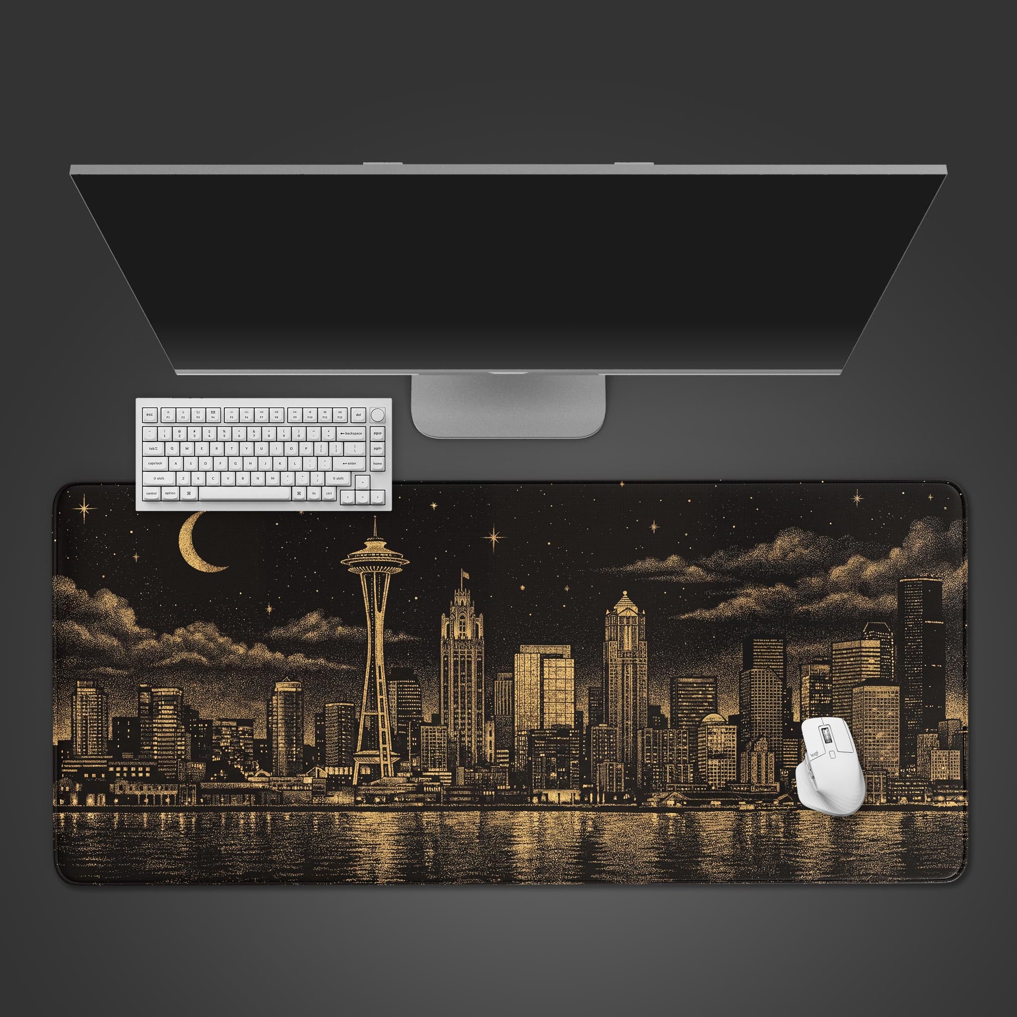 Top-down view of the Golden Skyline gaming desk mat featuring the Seattle cityscape, shown with a white keyboard and mouse on a dark background. - Epic Design Pads & Mousepads
