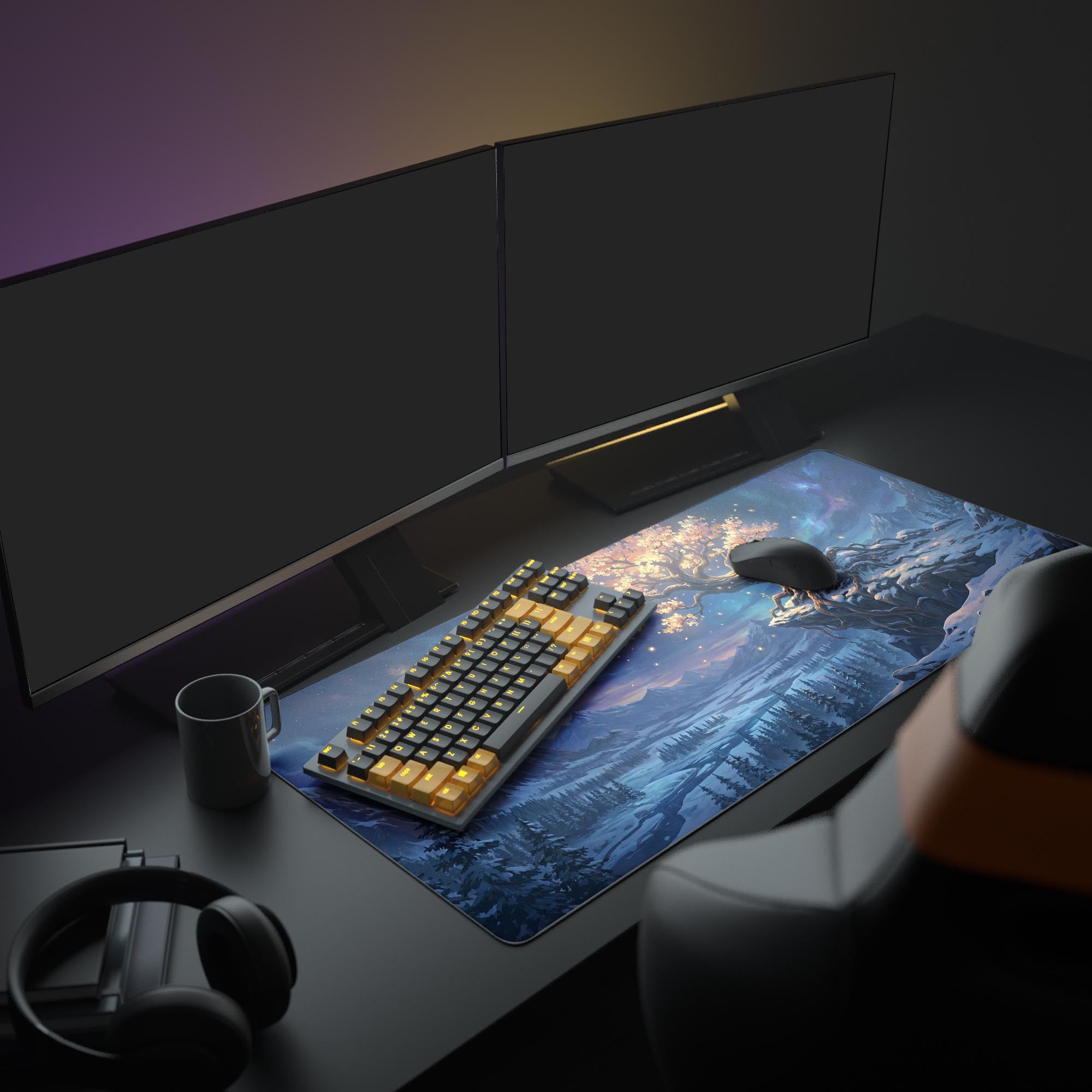 A full gaming setup featuring the Golden Solstice XL mouse pad, showcasing its fantasy winter landscape design under a monitor with an illuminated keyboard. - Epic Design Pads & Mousepads