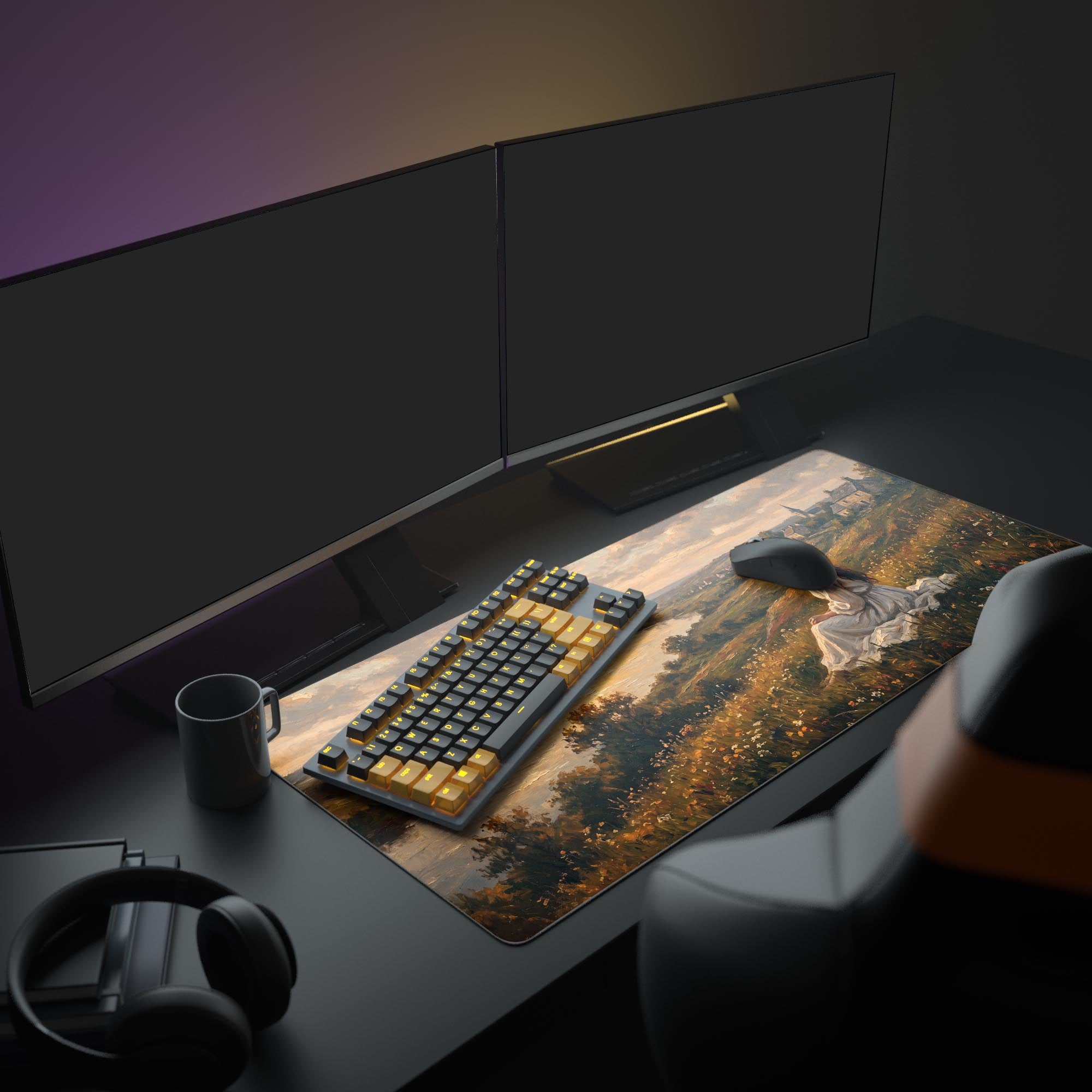 Close-up of the smooth surface and rich impressionist oil painting details of the pastoral sunset mouse pad