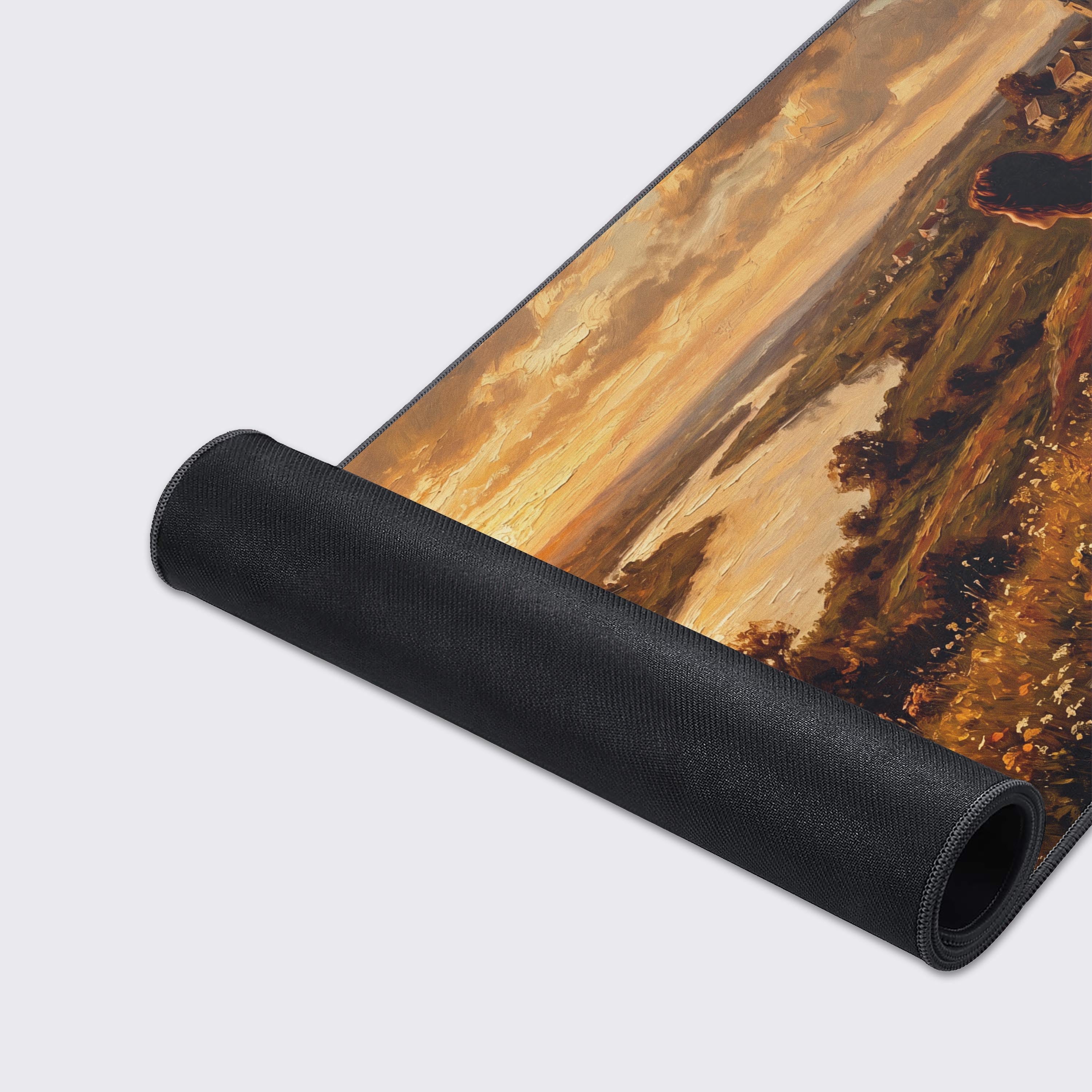 Epic Design Pads pastoral art desk mat with feature icons highlighting non-slip base, waterproof coating, and crisp prints