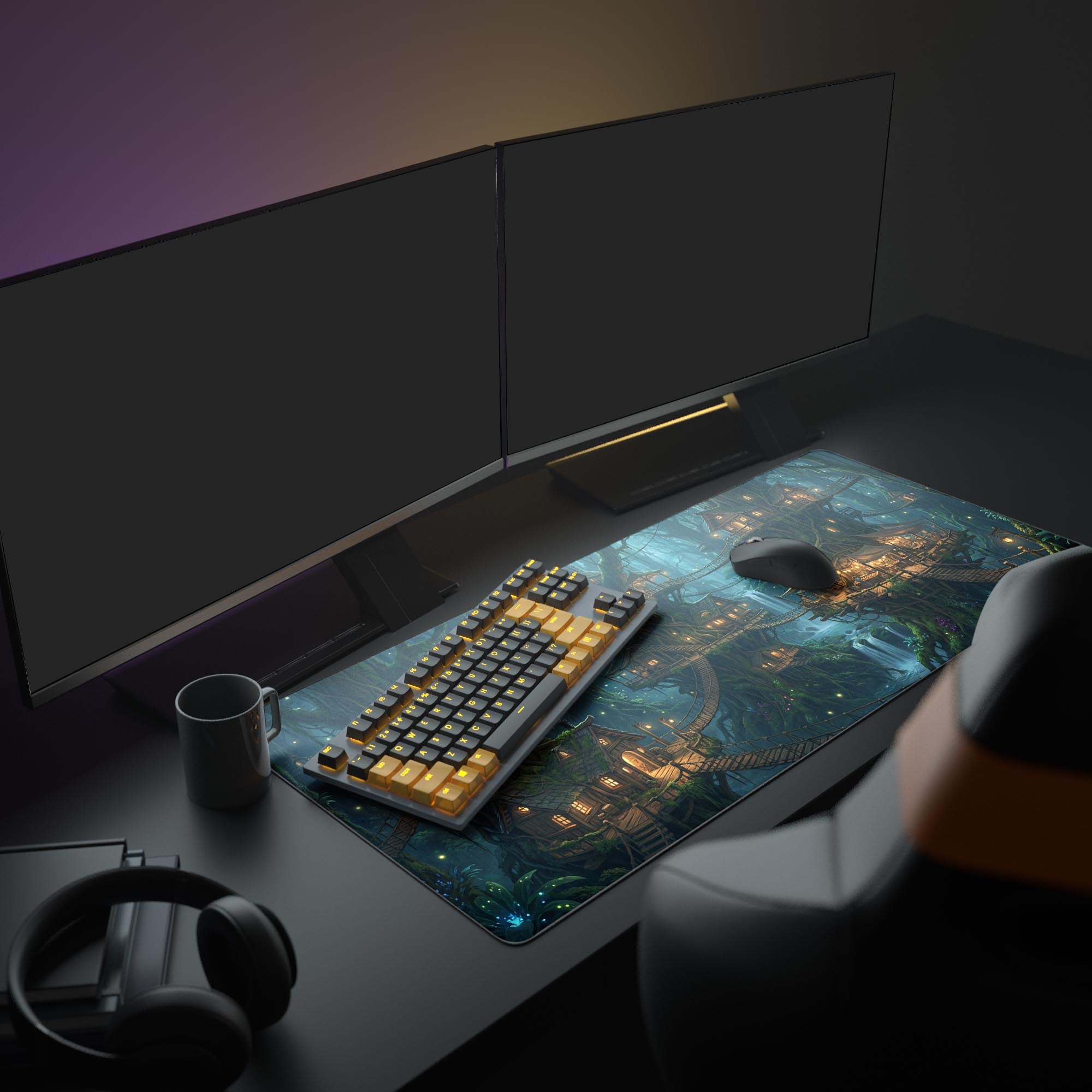 A full gaming setup featuring the enchanted forest treehouse mouse pad, with glowing peripherals and dual monitors creating a cozy, immersive fantasy theme. - Epic Design Pads & Mousepads