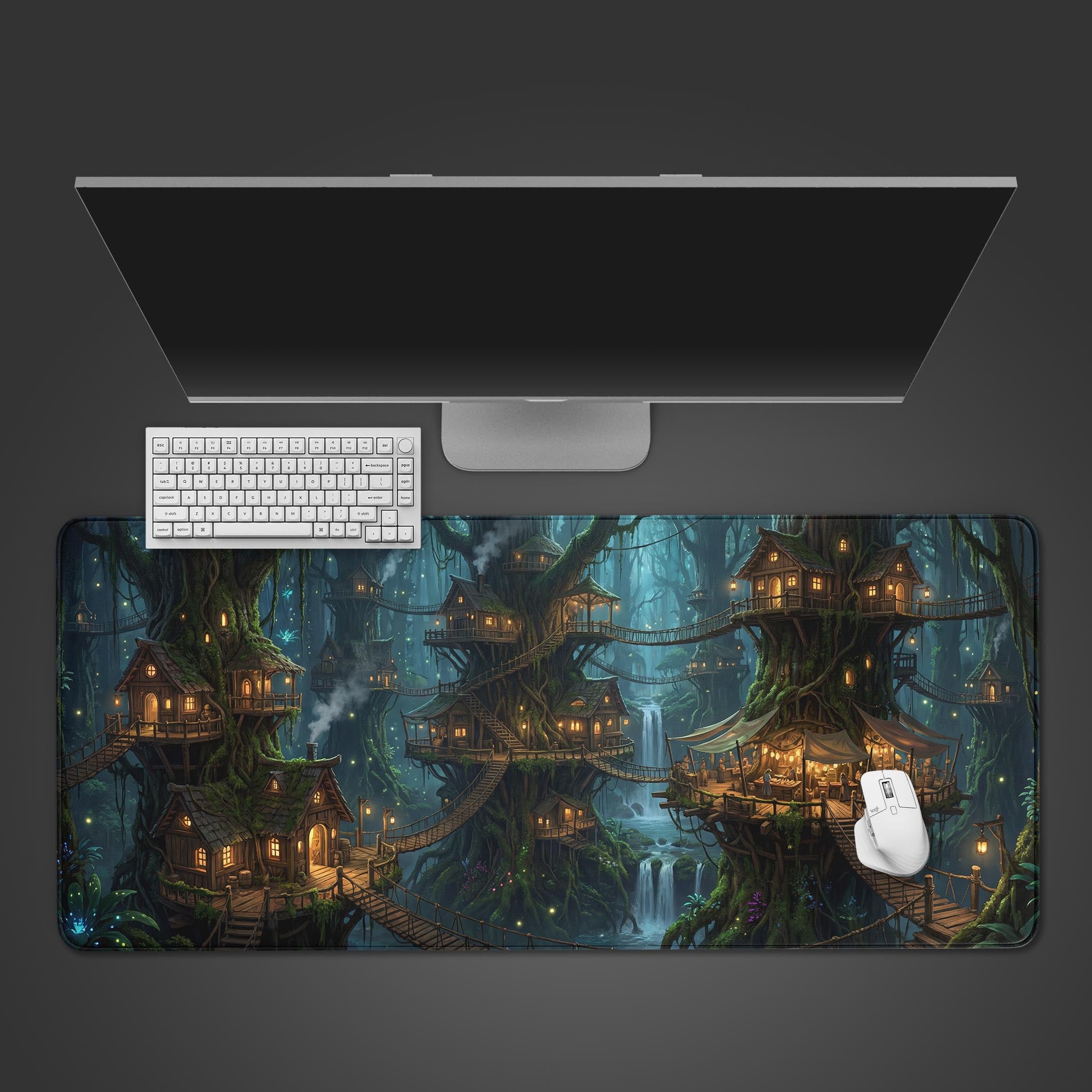 The Goldenwood Refuge gaming desk mat shown from above with a white keyboard and mouse, showcasing the magical treehouse village design. - Epic Design Pads & Mousepads