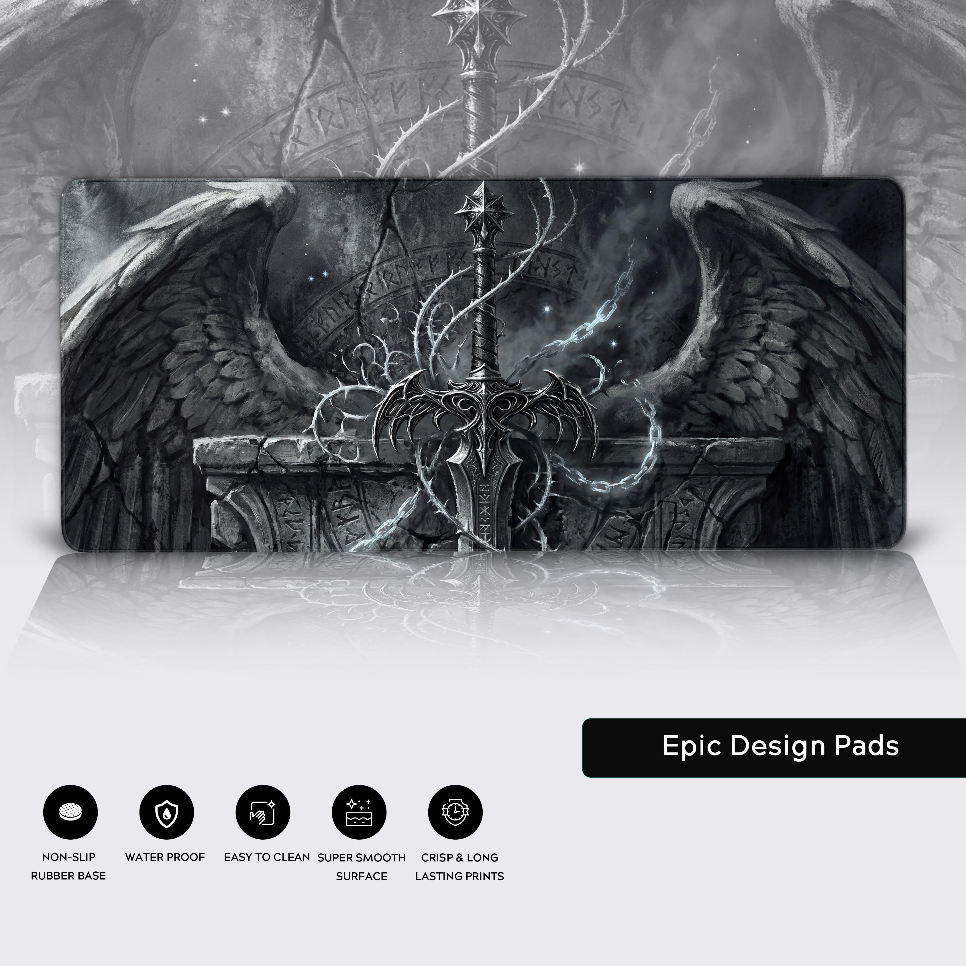 Gothic sword and angel wings desk mat product shot highlighting smooth surface and crisp printing