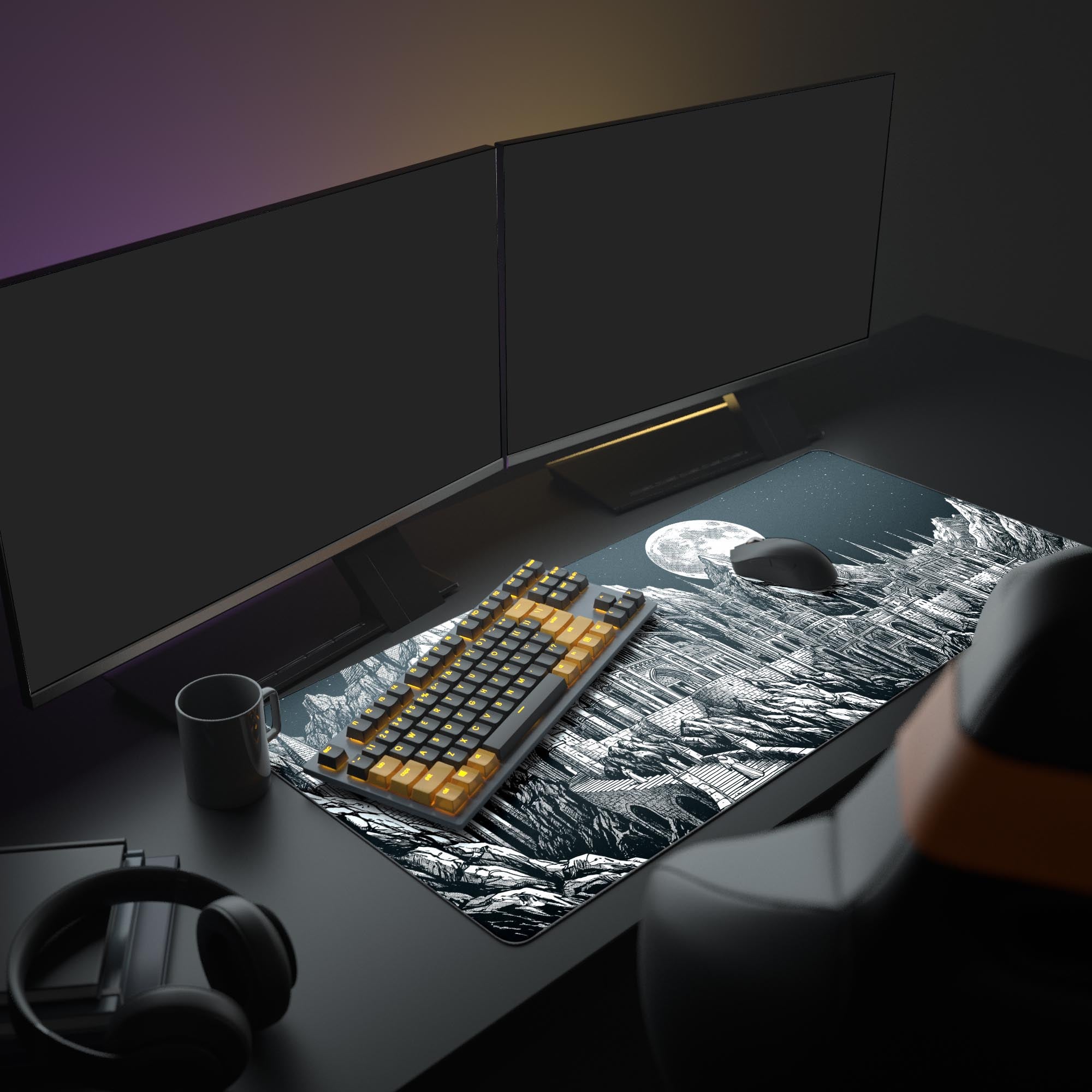 Close-up of the intricate gothic cathedral and mountain etching on the extended gaming mouse pad.