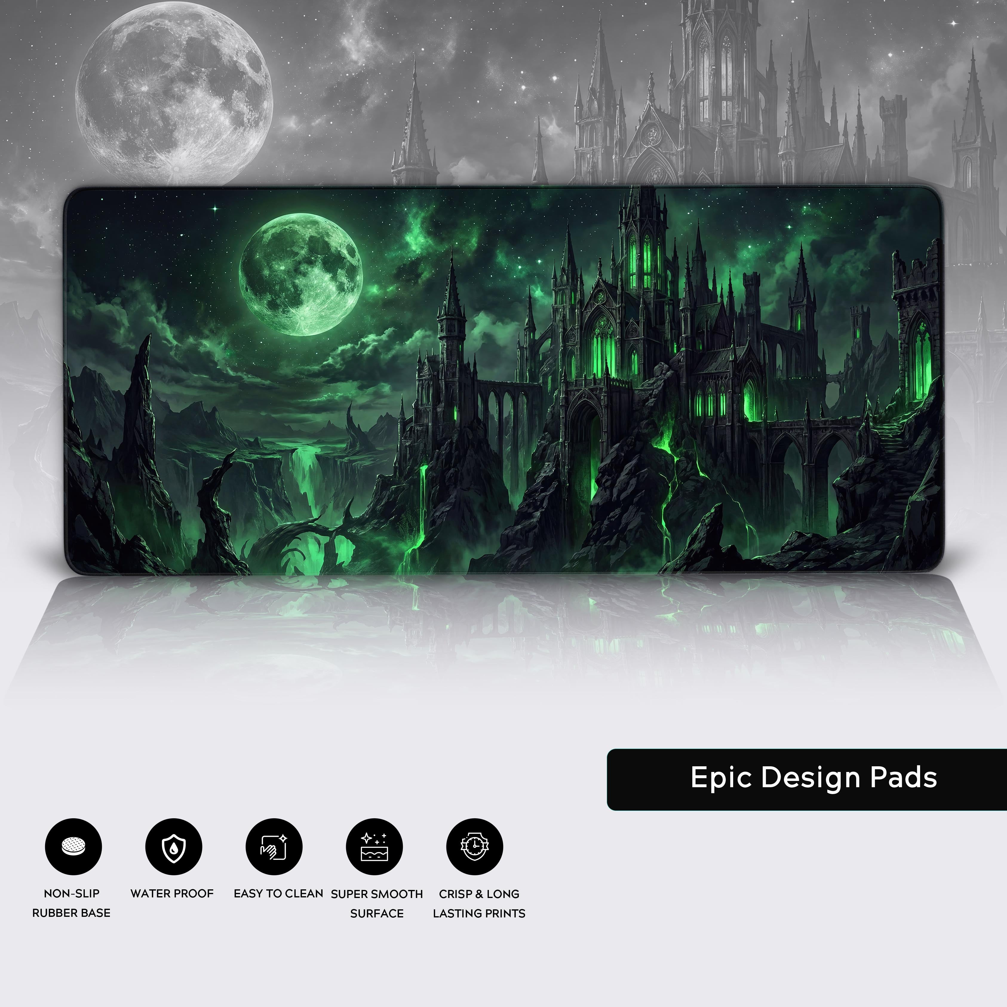 Full view of the extended dark fantasy green castle desk mat perfect for gamer setups.