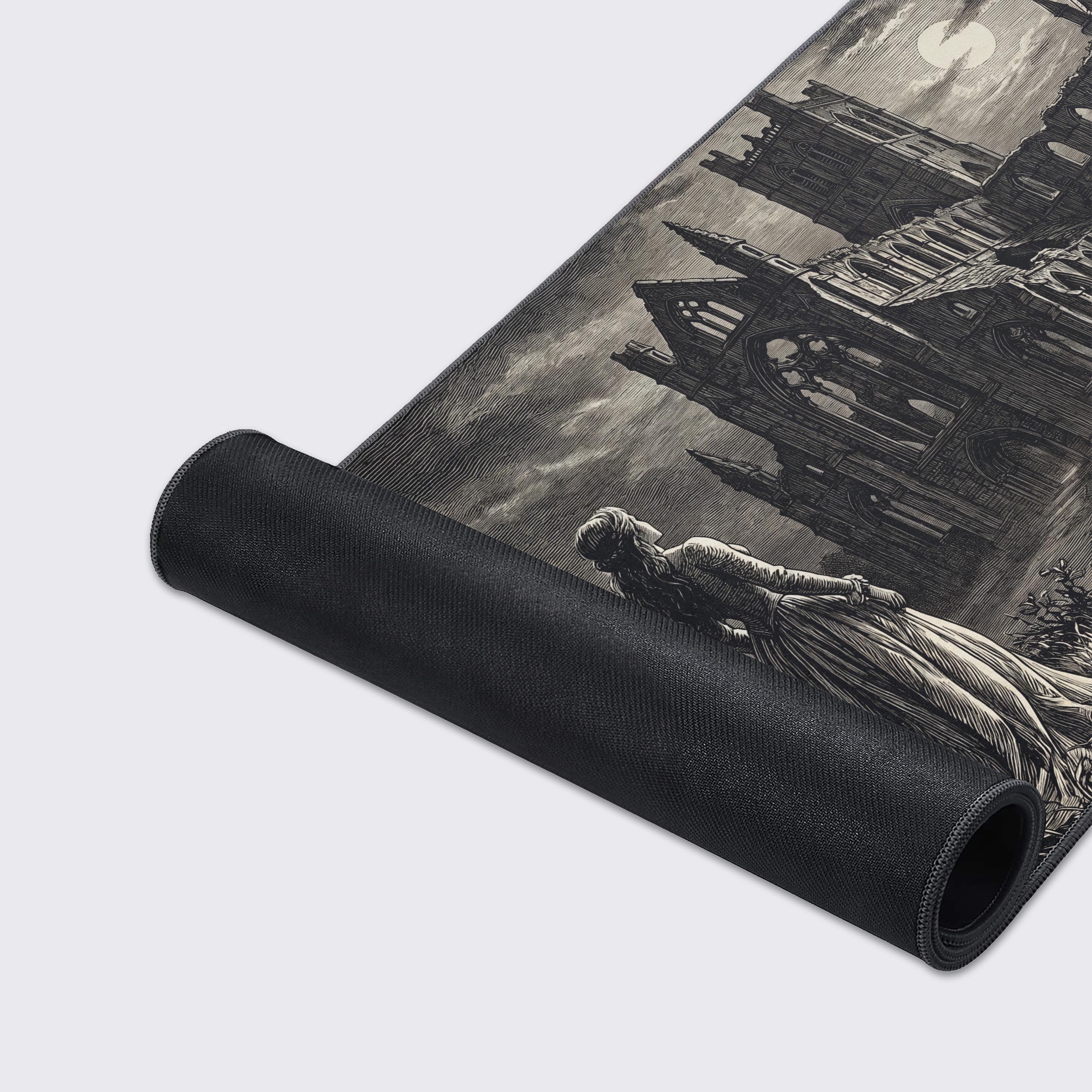 Gothic Cathedral desk mat highlighting the waterproof and smooth surface for perfect mouse control