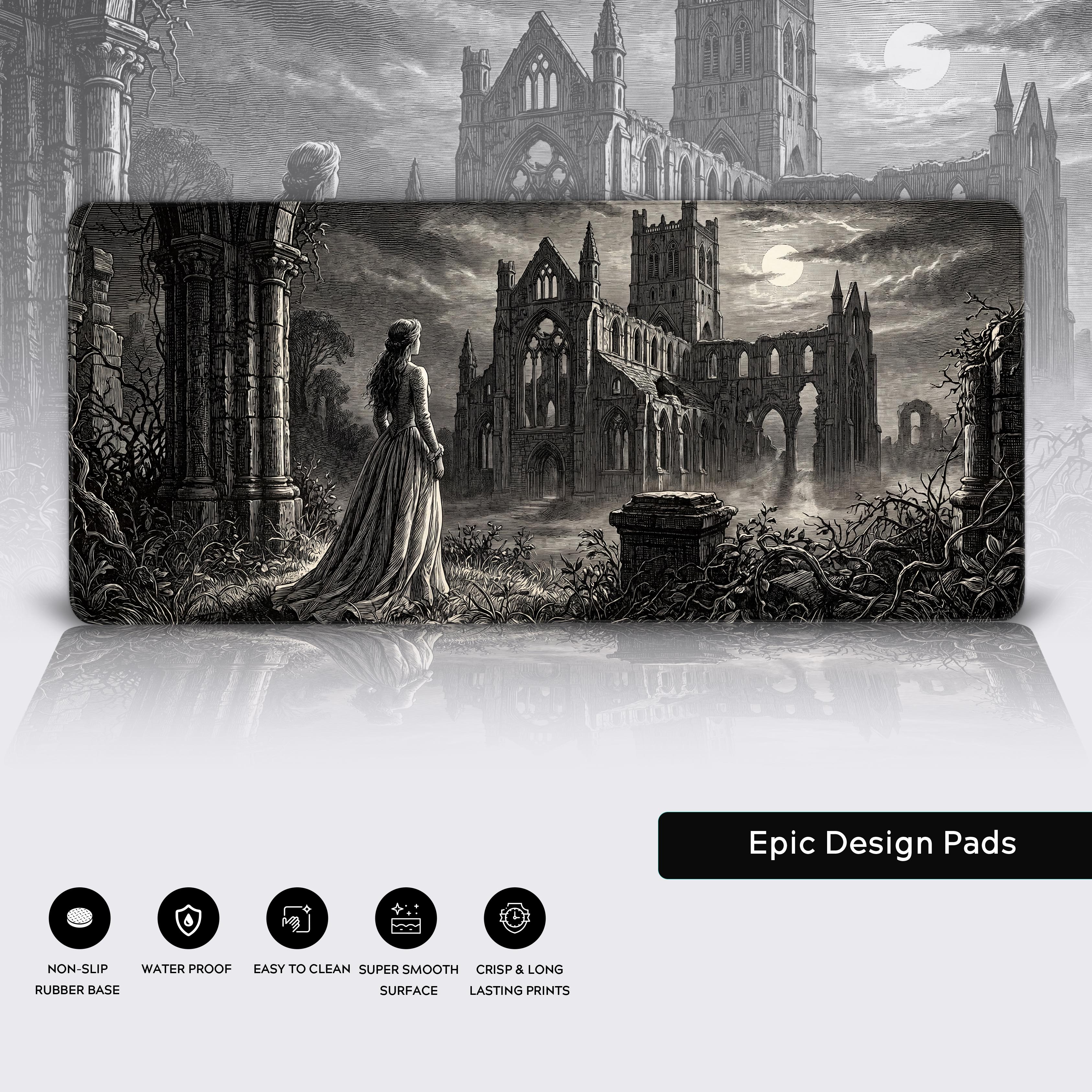 Black and white Victorian etching style desk mat with non-slip rubber base features