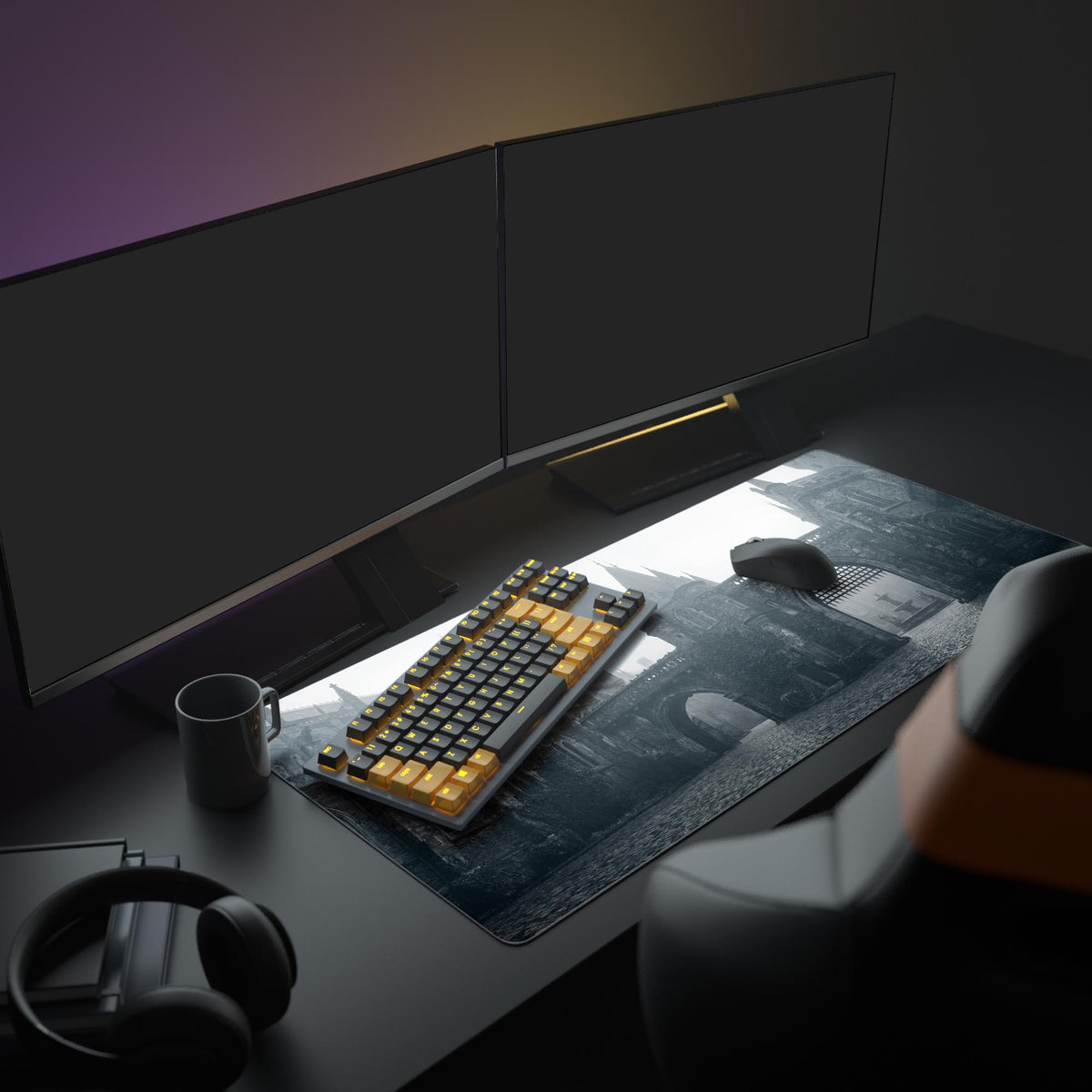 The Gothic Courtyard gaming desk mat enhancing a full PC setup with monitors and peripherals. The dark academia design creates a moody and focused workspace. - Epic Design Pads & Mousepads
