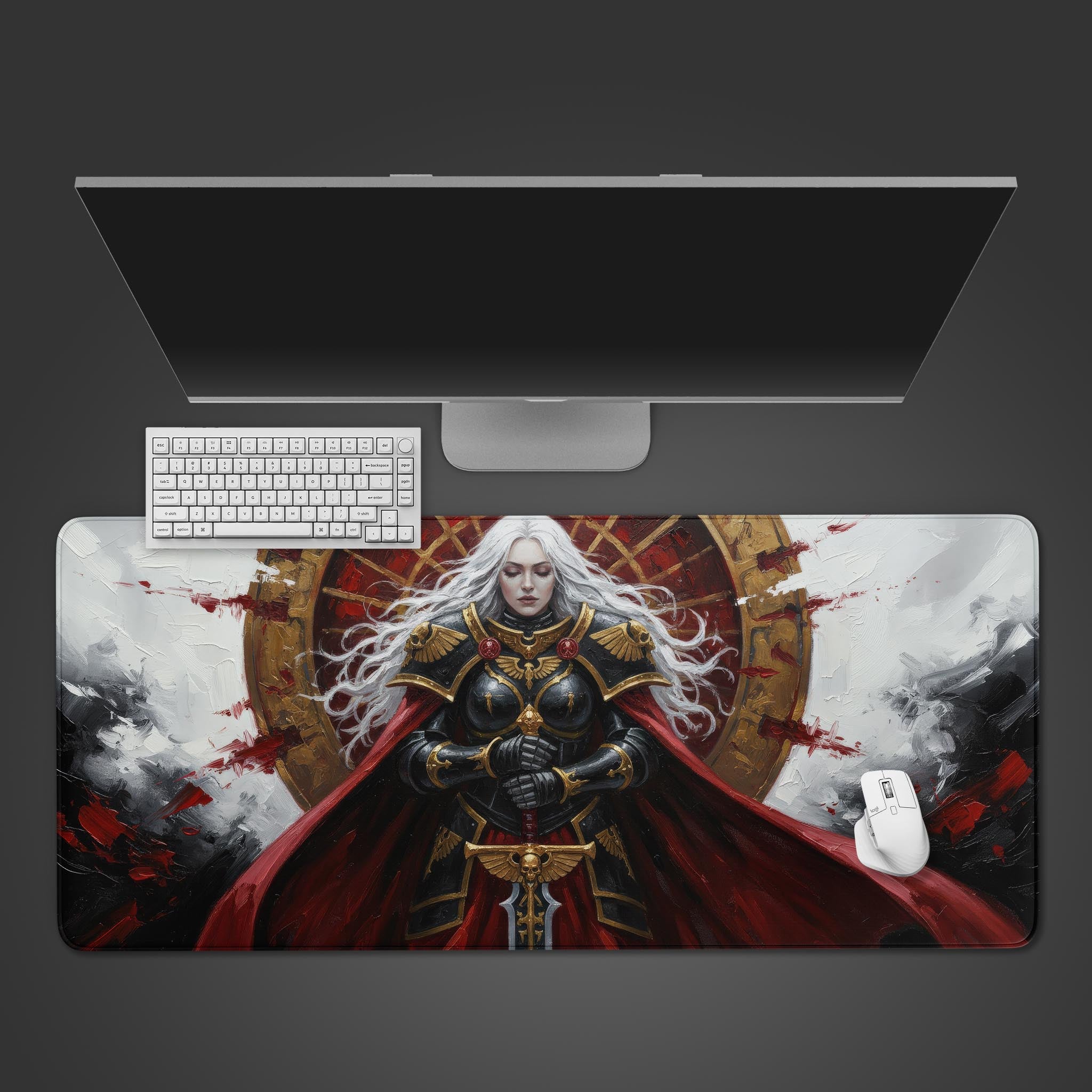 gaming desk mat featuring a gothic female warrior in black and gold power armor with a red cloak and decorative sword, inspired by warhammer 40000 art - Epic Design Pads & Mousepads