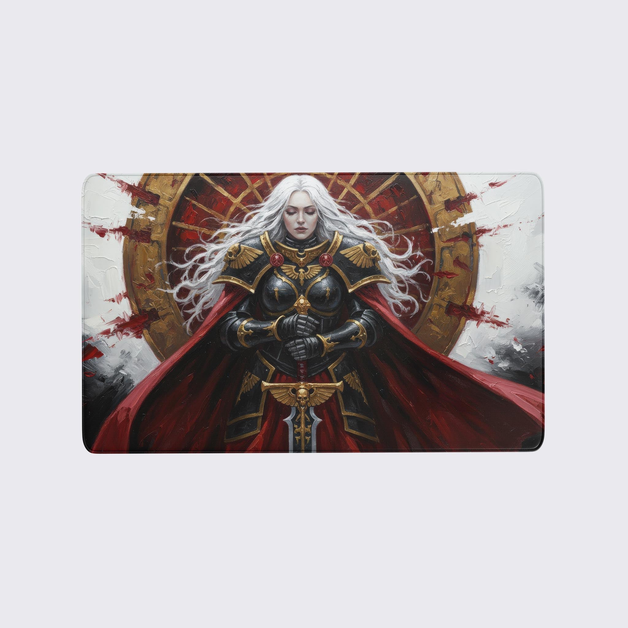 Gothic female warrior with white hair in black and gold power armor holding a sword, standing before a red and gold emblem on a dramatic TCG playmat - Epic Design Pads & Mousepads