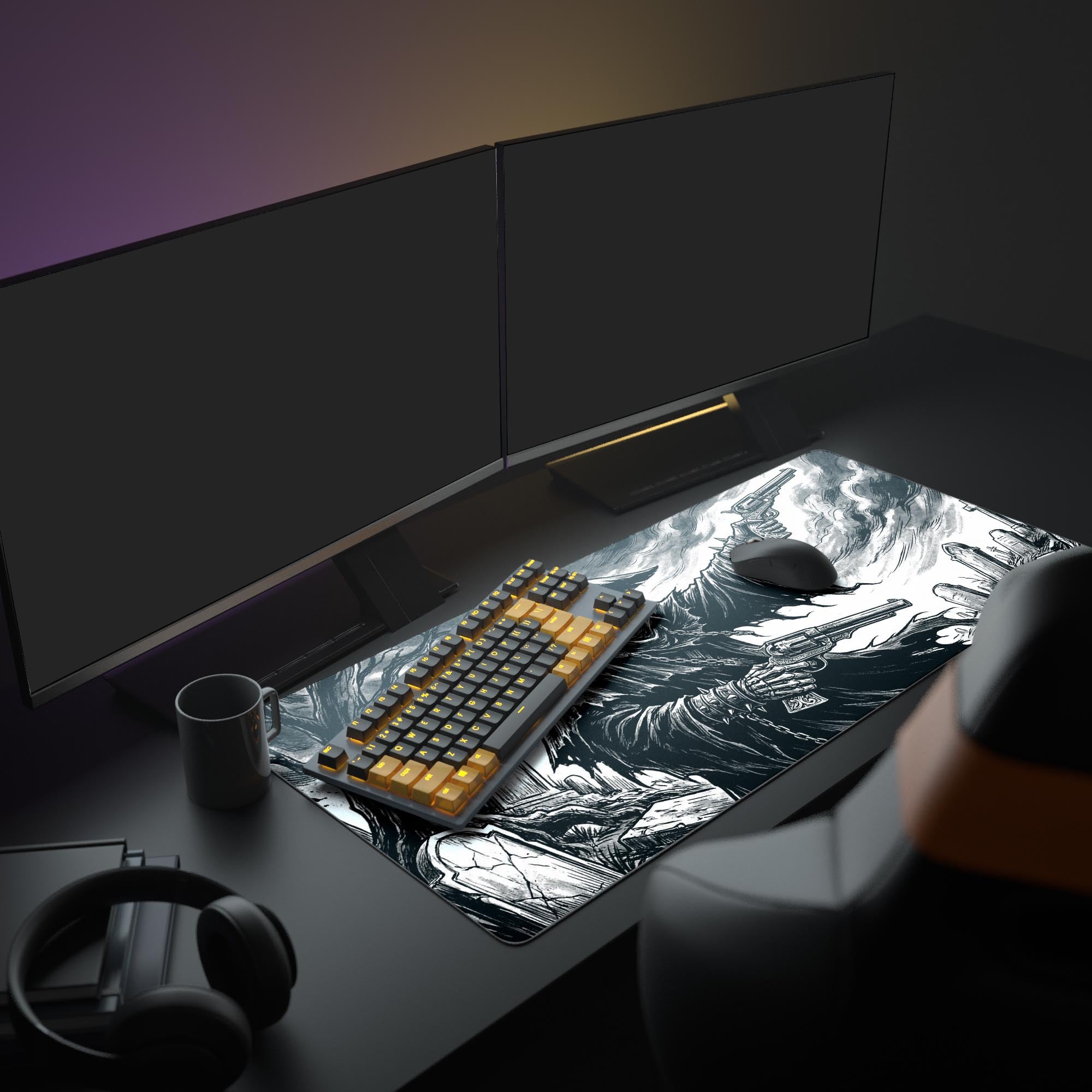 A full gaming setup featuring the Gothic Gunslinger desk mat, showcasing its large size under a monitor, keyboard, and mouse for a dark fantasy aesthetic. - Epic Design Pads & Mousepads