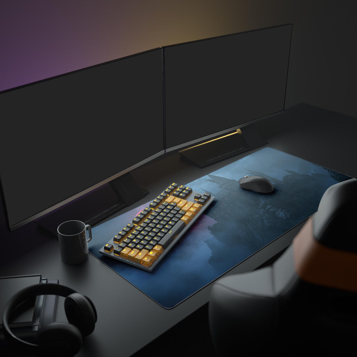 Large gothic gaming desk mat featuring a vampire castle – shown in a full gaming setup with dual monitors and accessories. - Epic Design Pads