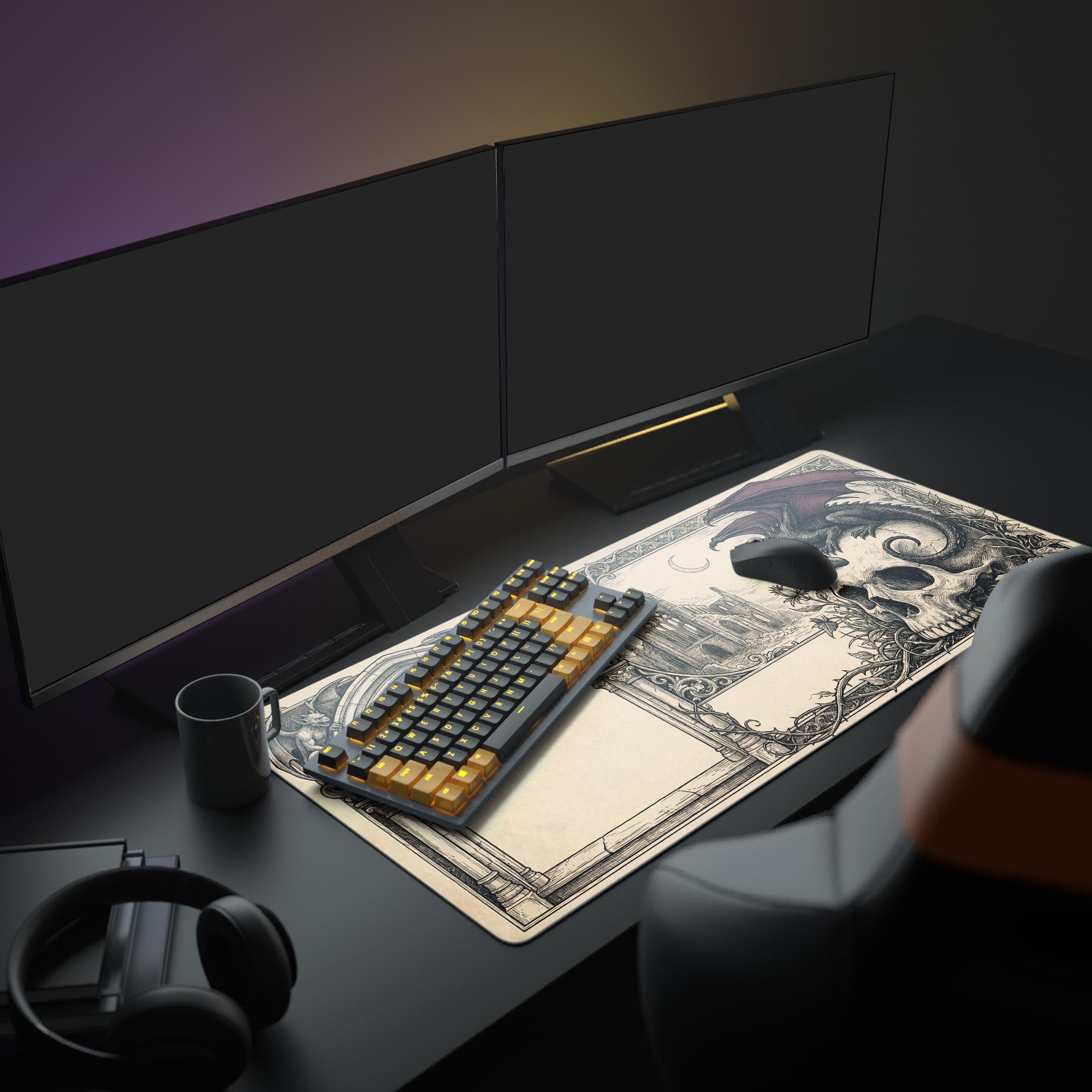 A full PC setup showcasing the Gothic Remnant Mouse Pad, its dark fantasy dragon design complementing a large monitor and an aesthetic white keyboard. - Epic Design Pads & Mousepads