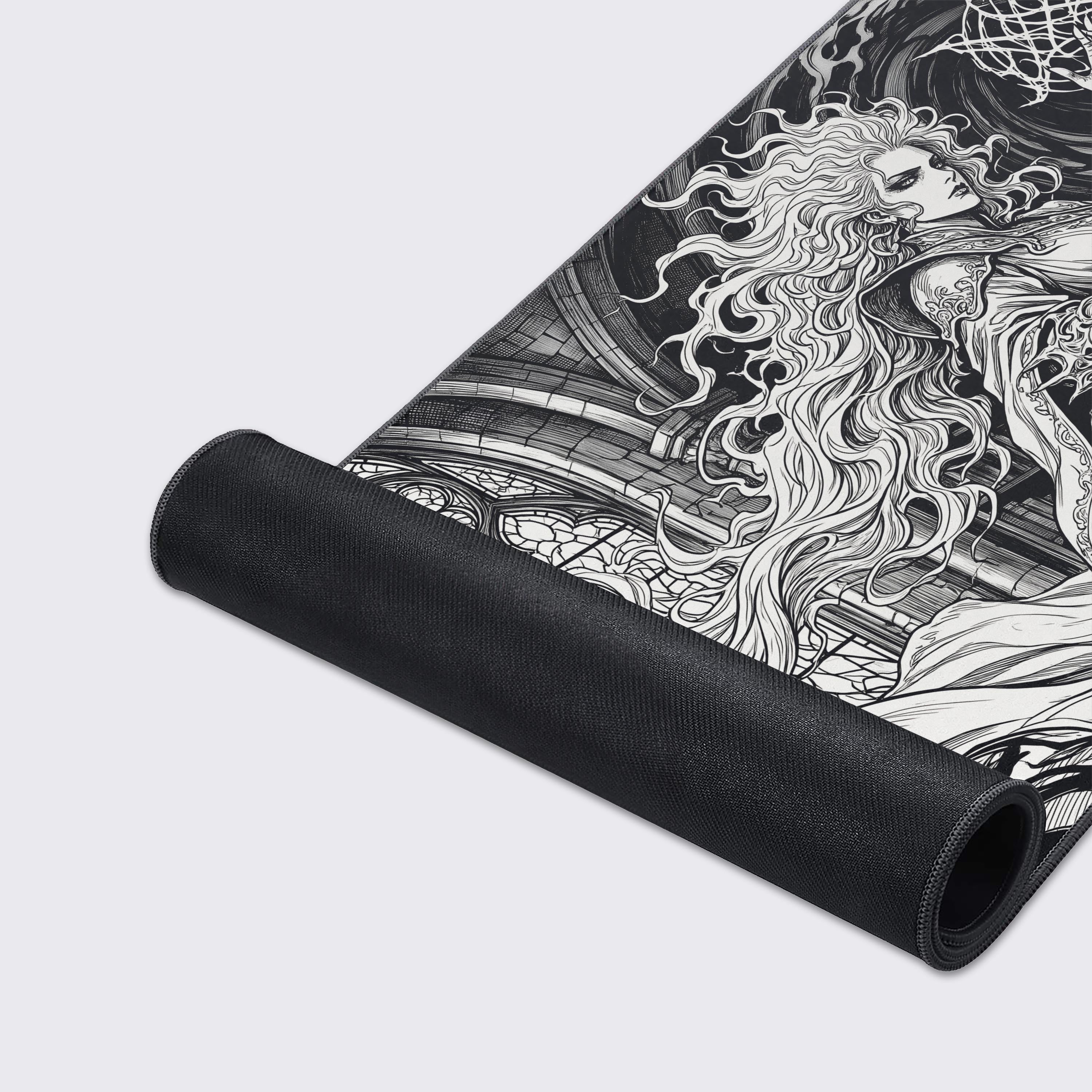 Close-up of the smooth, waterproof surface and crisp print quality of the gothic sorceress desk mat.