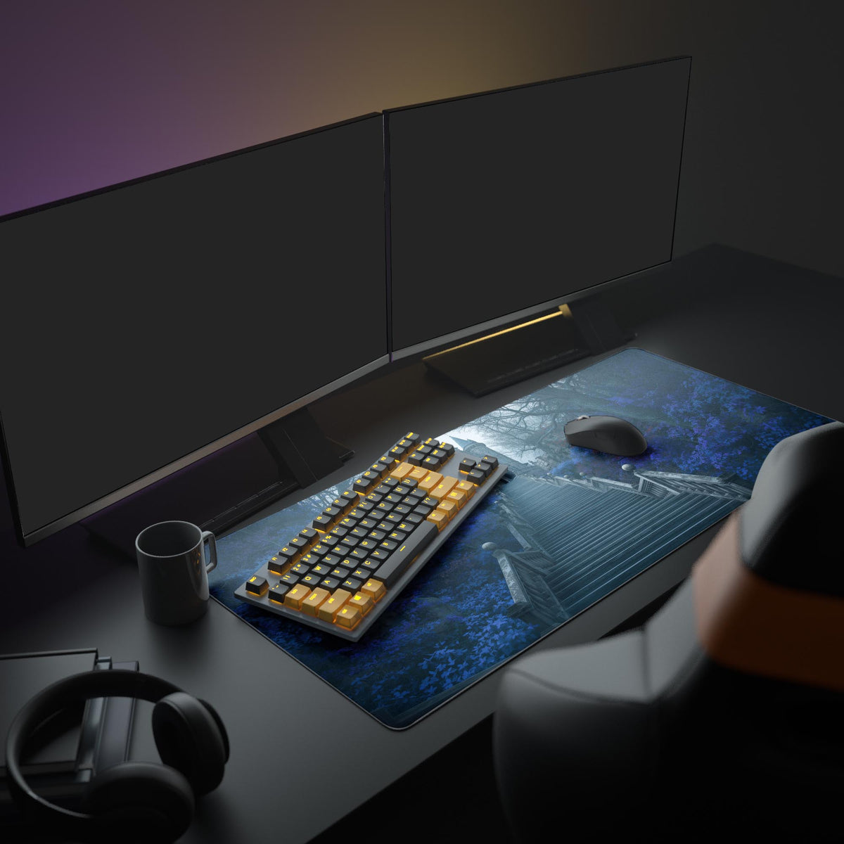 Desk mat on a dark desk with dual monitors, keyboard, mouse, mug and headphones, showing stone stairs in blue foliage - Epic Design Pads & Mousepads