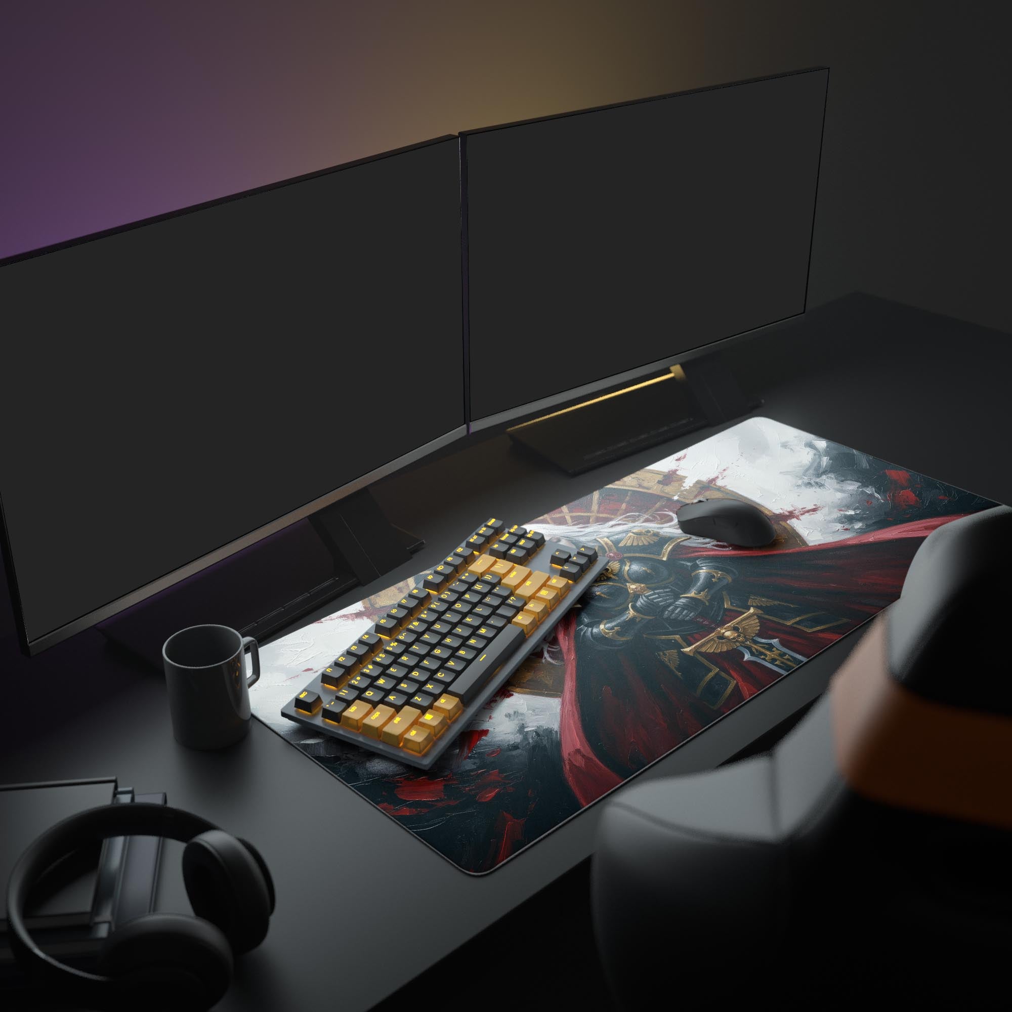 gaming desk mat featuring gothic female warrior in ornate black and gold power armor with red cloak in Warhammer 40k inspired artwork - Epic Design Pads & Mousepads