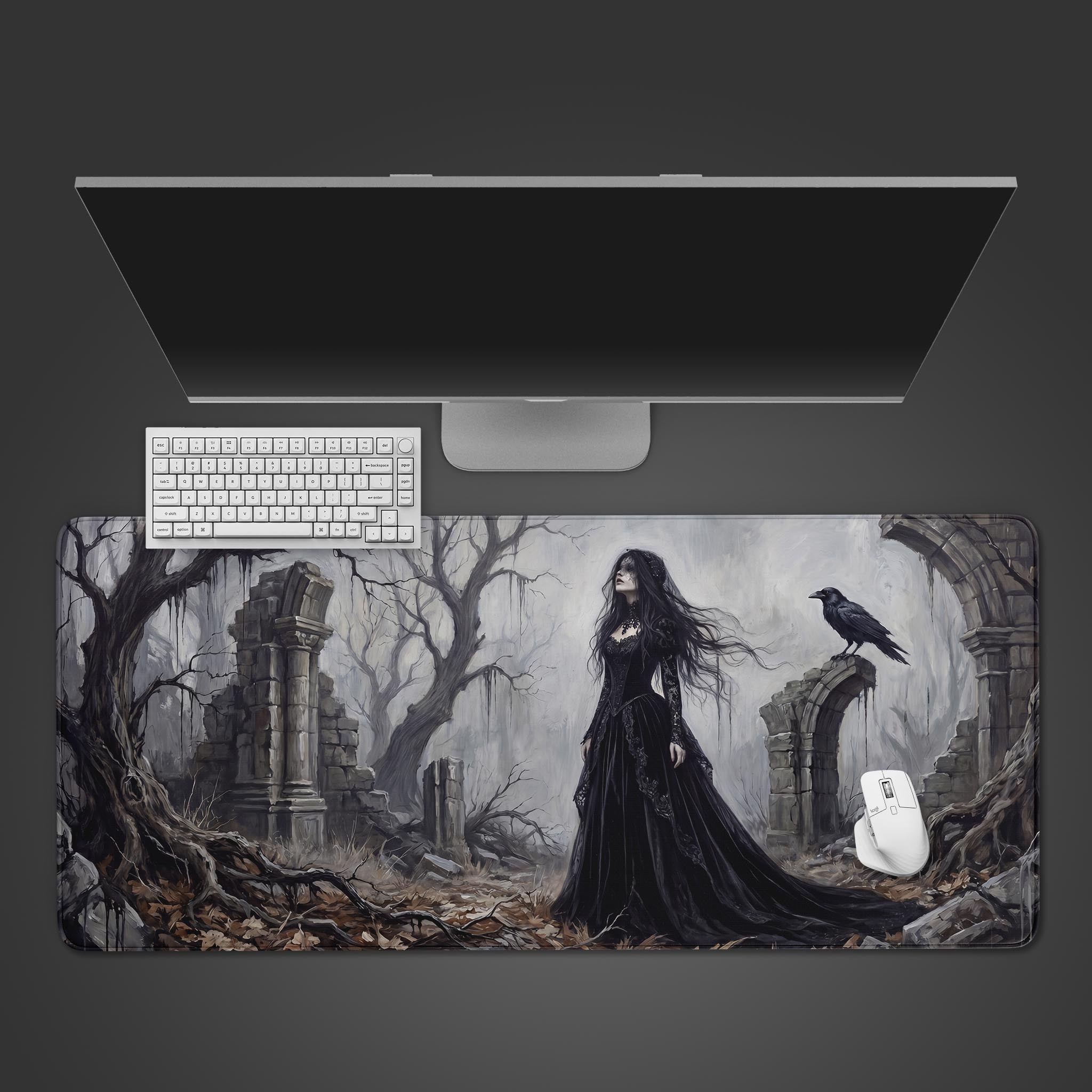Gothic woman and raven dark fantasy XL desk mat