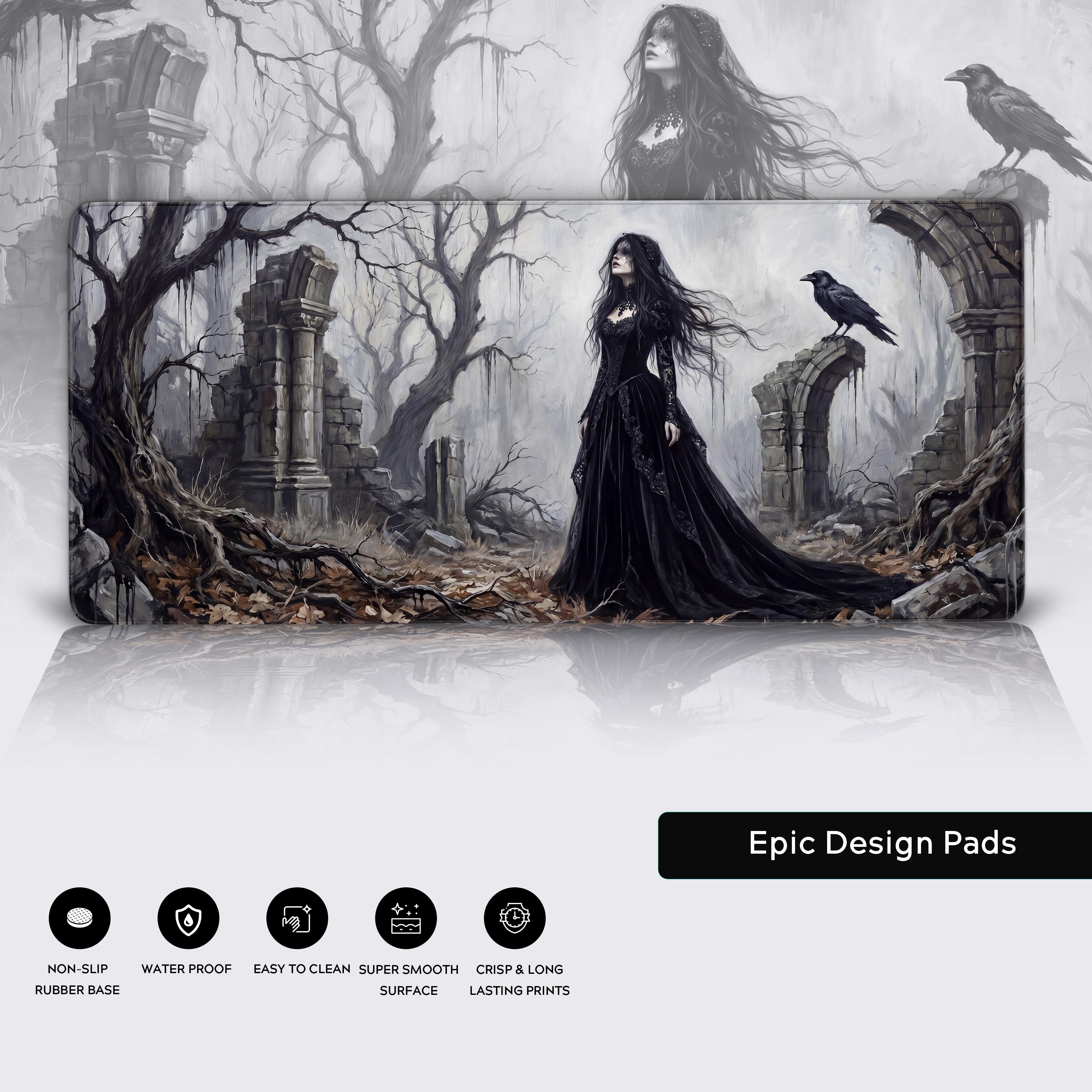 Anti-slip rubber base of the dark fantasy raven desk mat