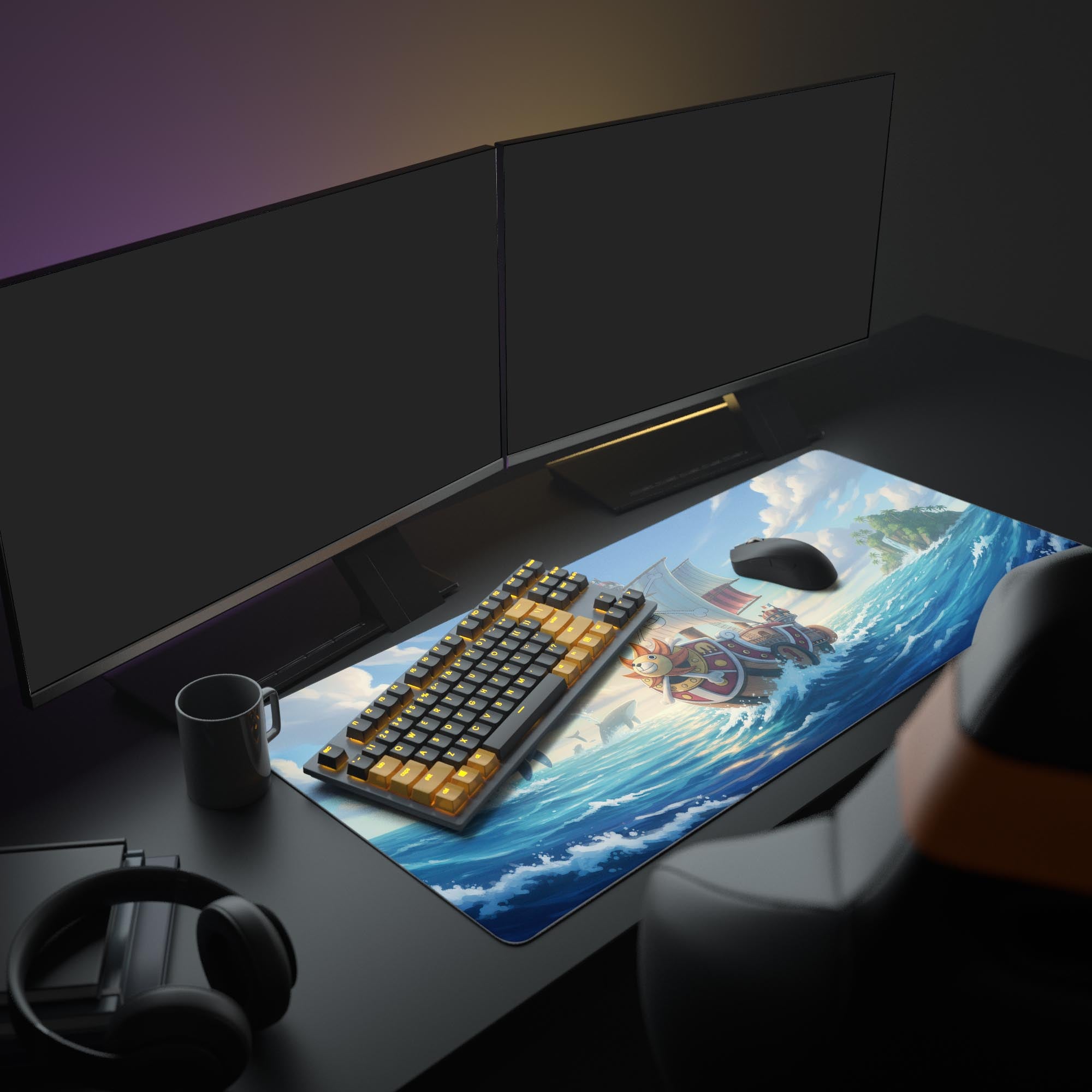 Large Grand Voyage pirate ship desk mat in a full desk setup with dual monitors, a mechanical keyboard, headphones, and a potted plant. - Epic Design Pads