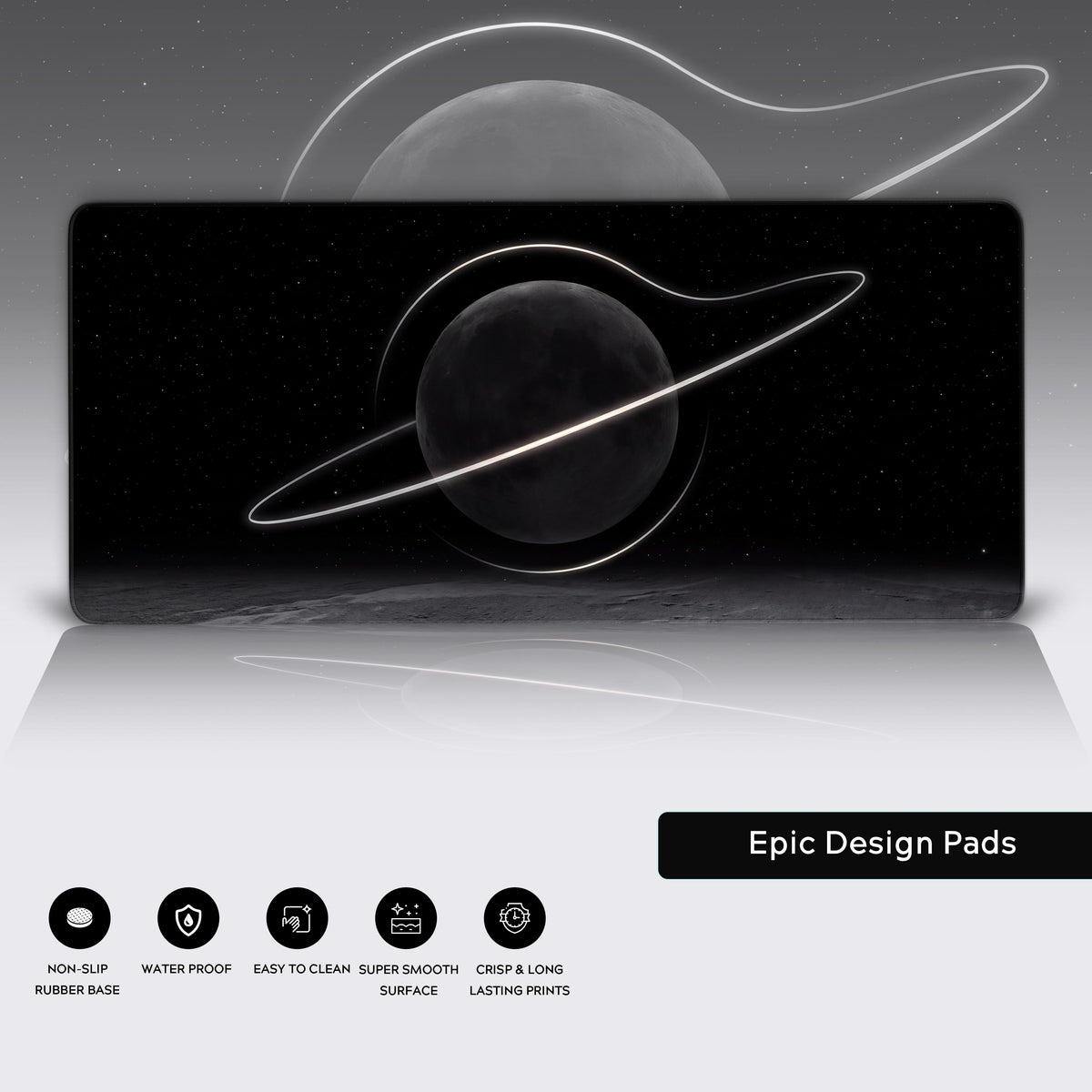 Features panel: the ringed moon desk mat over a faded copy of its art, with five feature icons below