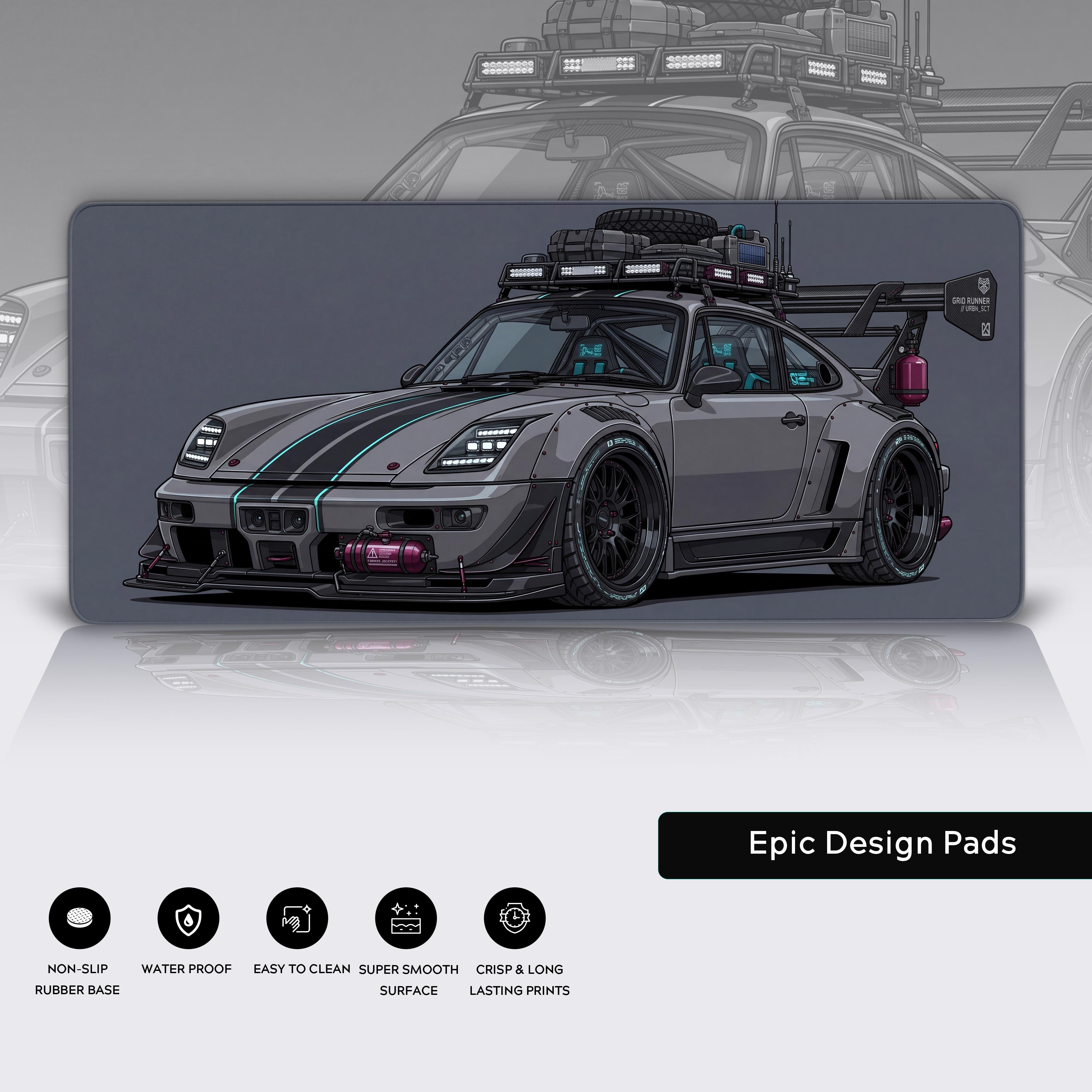 Side angle view of the Grid Runner automotive gaming mouse pad showing its sleek profile and smooth surface