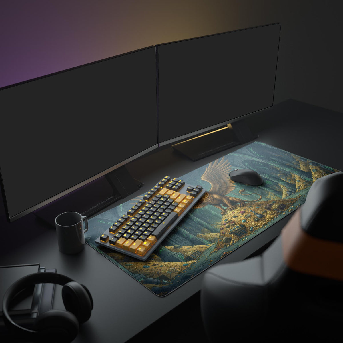 Large Griffon gaming desk mat shown in a fantasy-themed setup with dual monitors, mechanical keyboard, and headphones. - Epic Design Pads