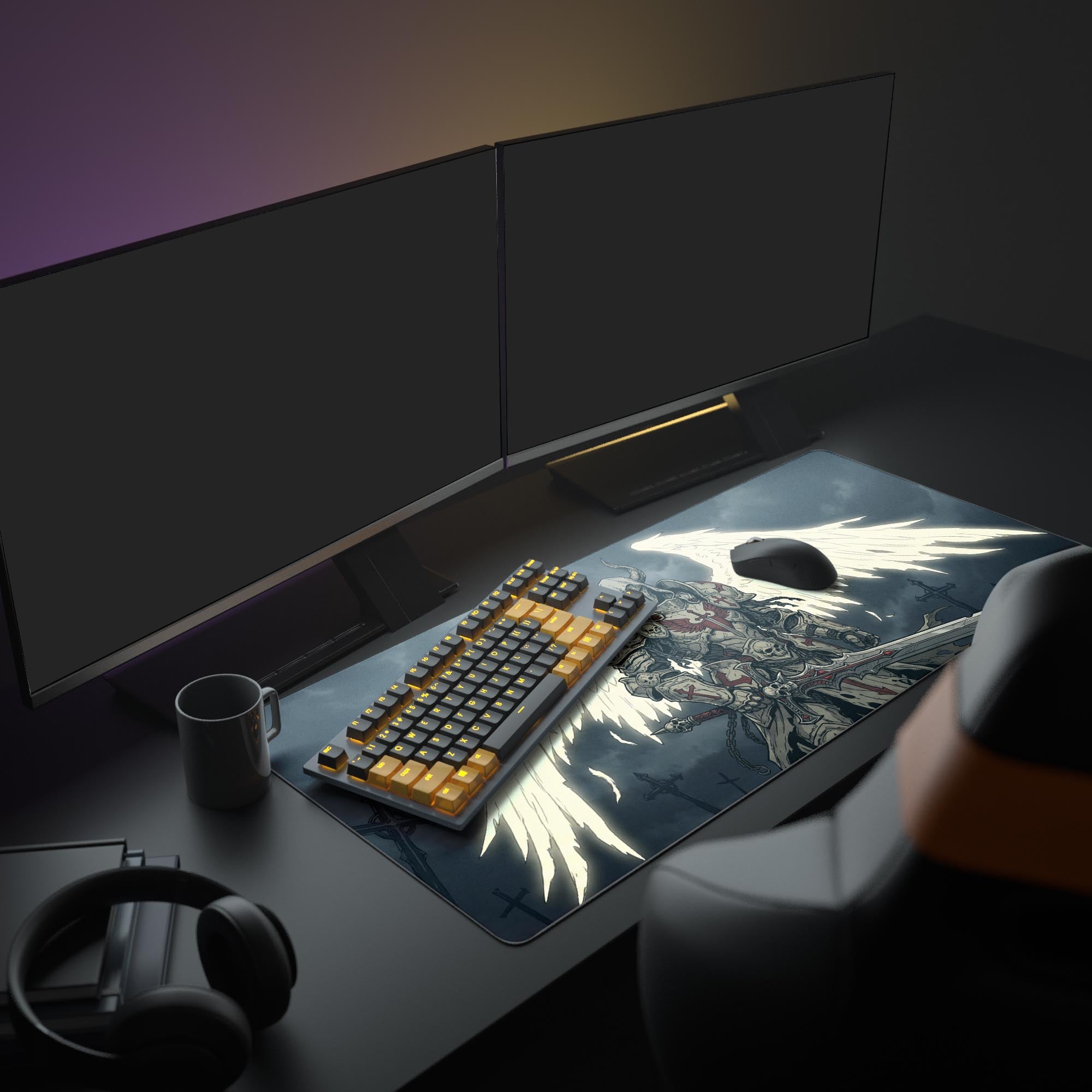 A full gaming setup featuring the Grim Crusader mouse pad, with its dark fantasy angel knight design anchoring the keyboard, mouse, and monitors. - Epic Design Pads & Mousepads