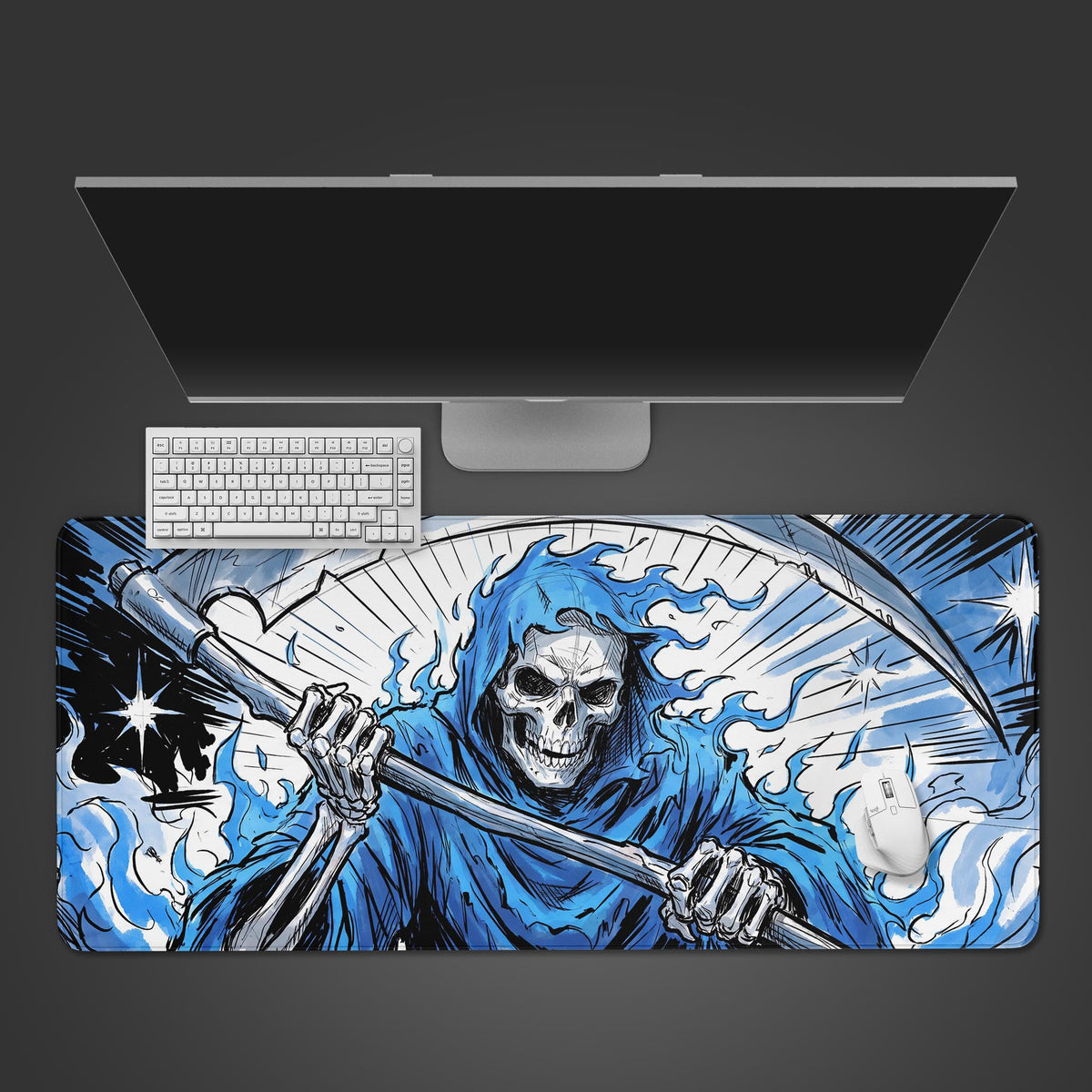 A desk mat featuring a striking comic-style illustration of the Grim Reaper cloaked in vibrant blue flames, wielding a large scythe.