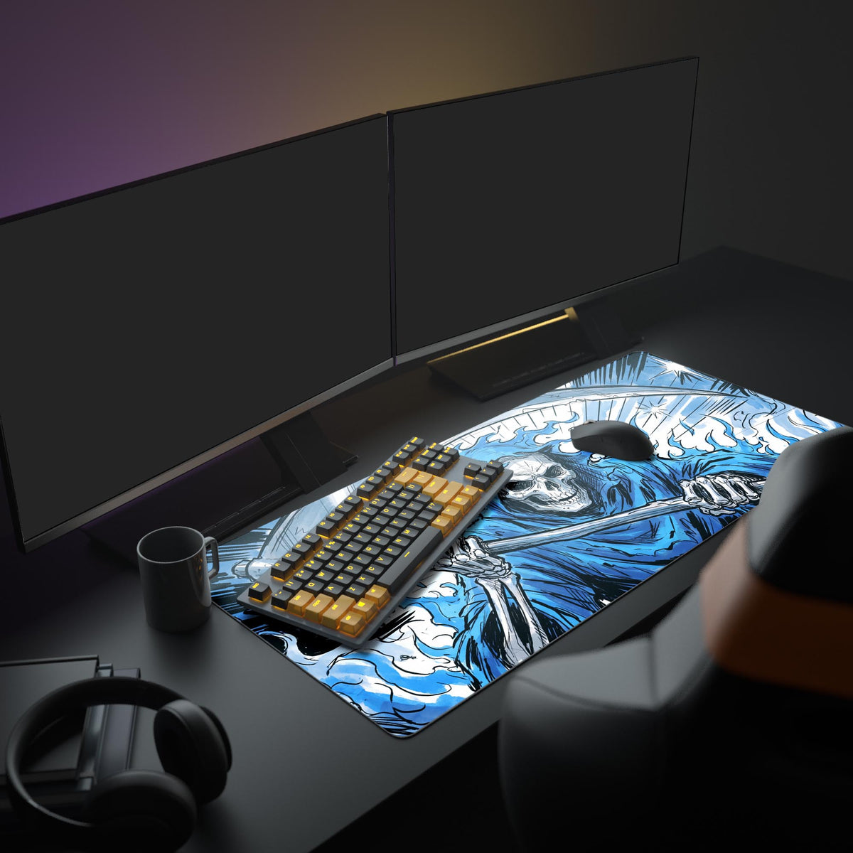 The Grim Reaper desk mat shown with a reflective surface below, highlighting its bold blue, black, and white color palette.