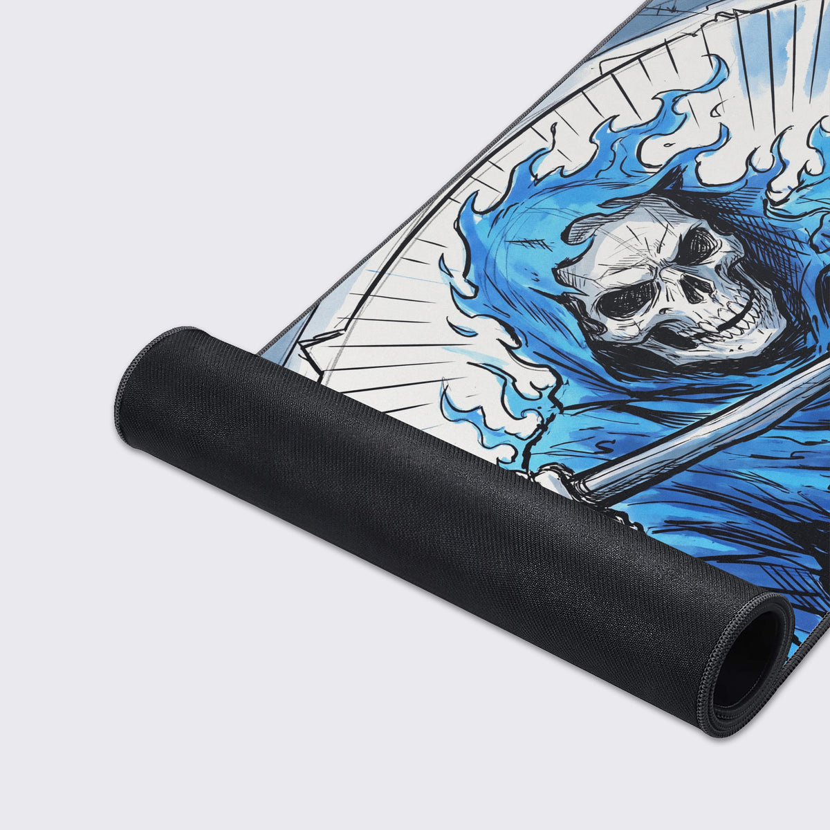 Close up of the desk mat artwork showing the skeletal face of the Grim Reaper surrounded by dynamic blue fire and sharp, inked action lines.