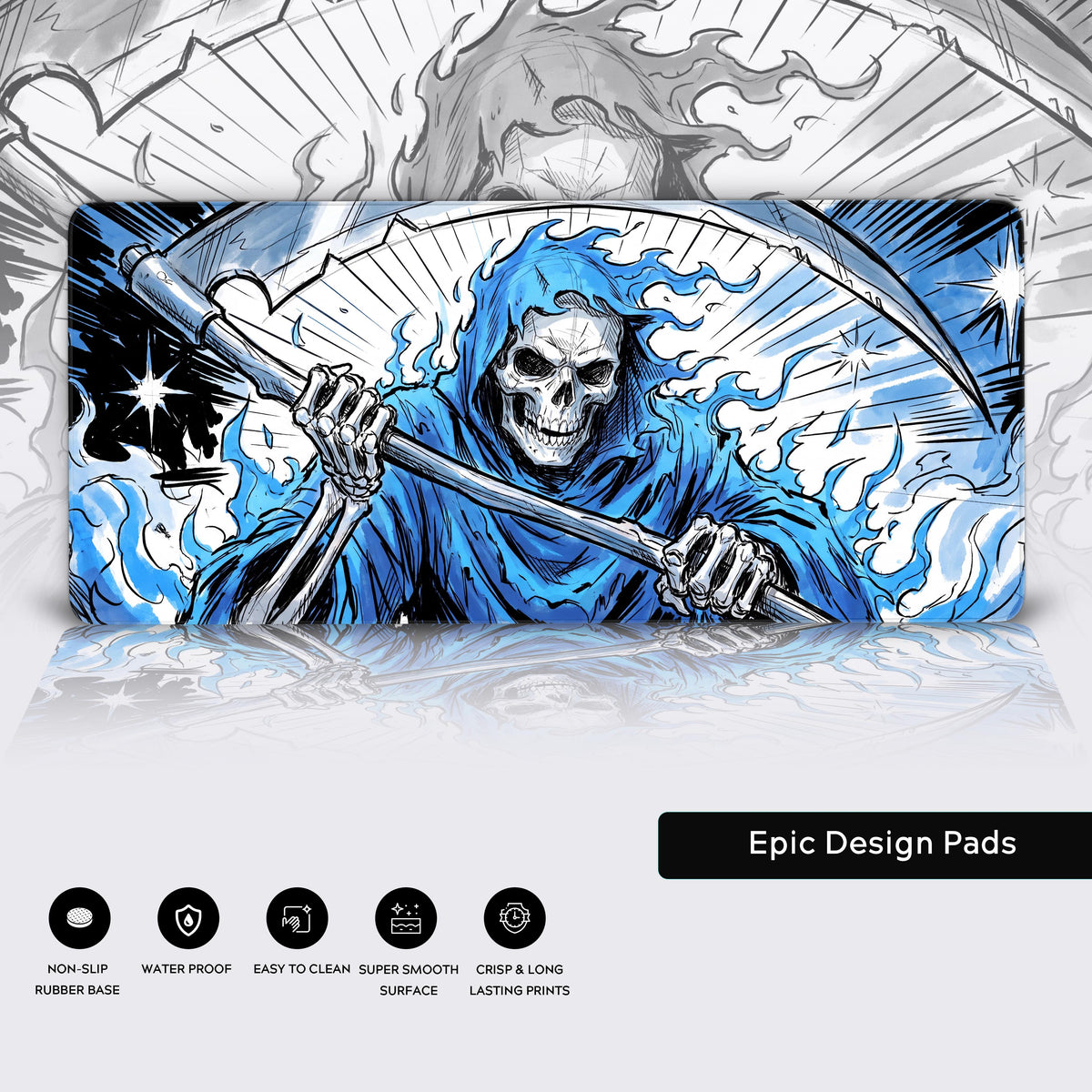 Product features graphic for the Grim Reaper desk mat showing icons for non-slip rubber base, water proof, easy to clean, super smooth surface, and crisp prints.