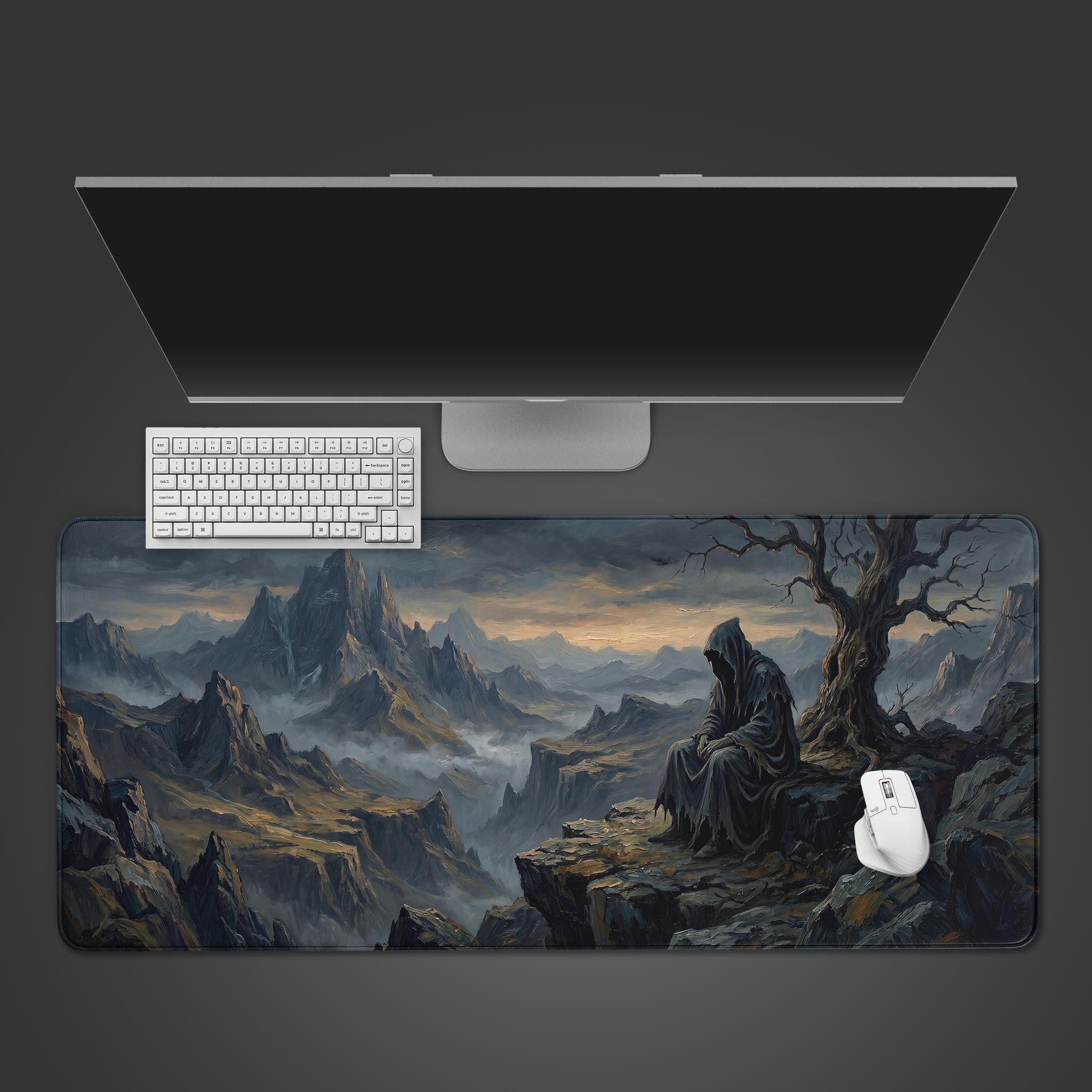 Dark fantasy desk mat featuring a Grim Reaper overlooking a misty mountain valley.