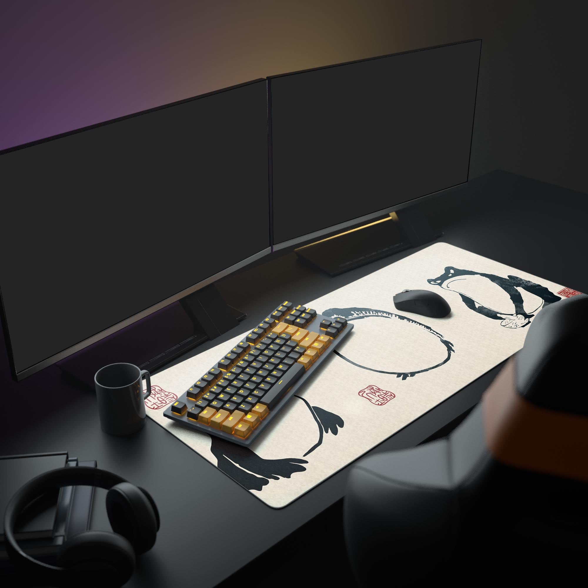 Large Grumpy Frog desk mat by Matsumoto Hoji shown in a full workspace setup with dual monitors, headphones, and a mechanical keyboard. - Epic Design Pads & Mousepads