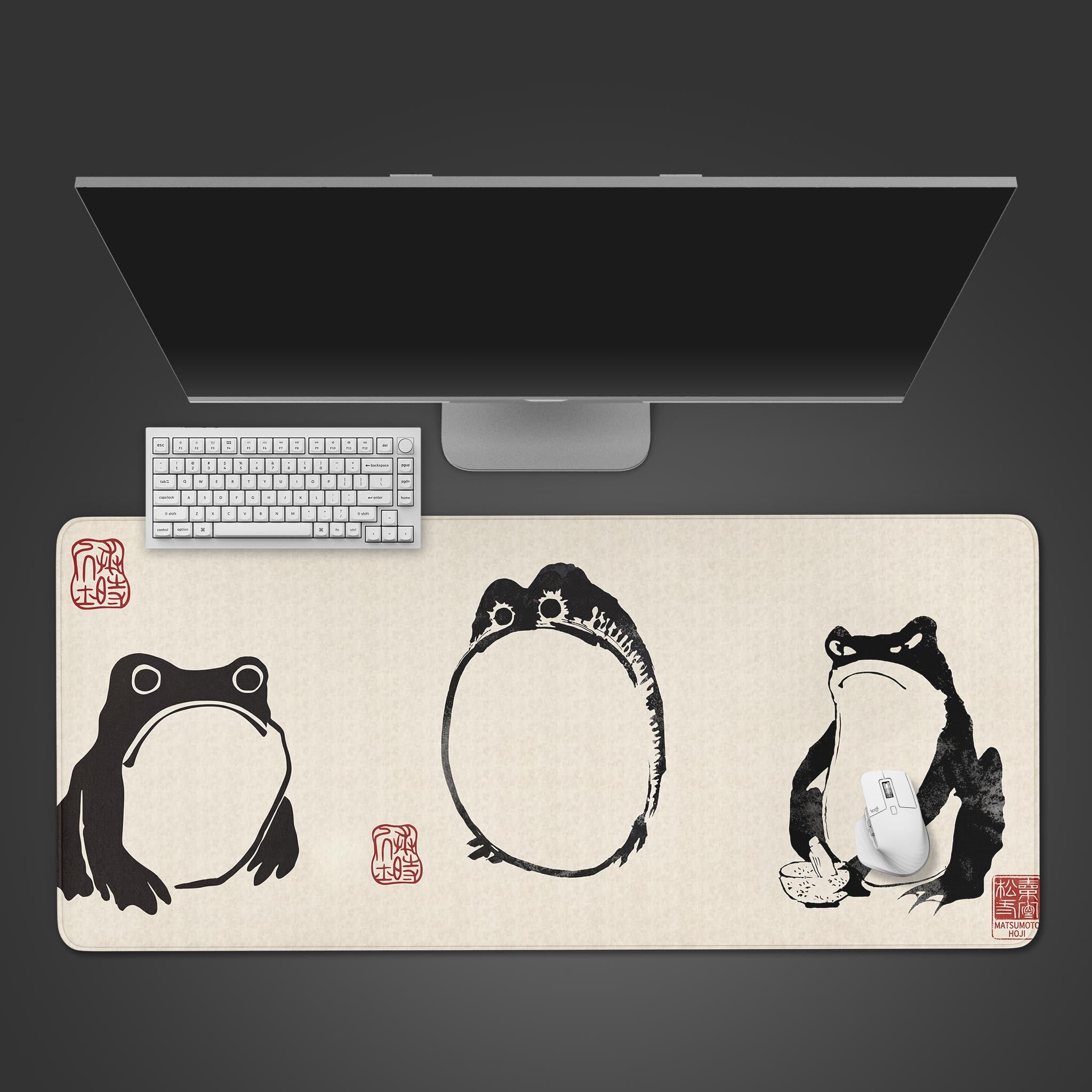 Grumpy Frog desk mat in a Japanese ink painting style. Top-down view on a desk with a black keyboard and a white mouse. - Epic Design Pads & Mousepads