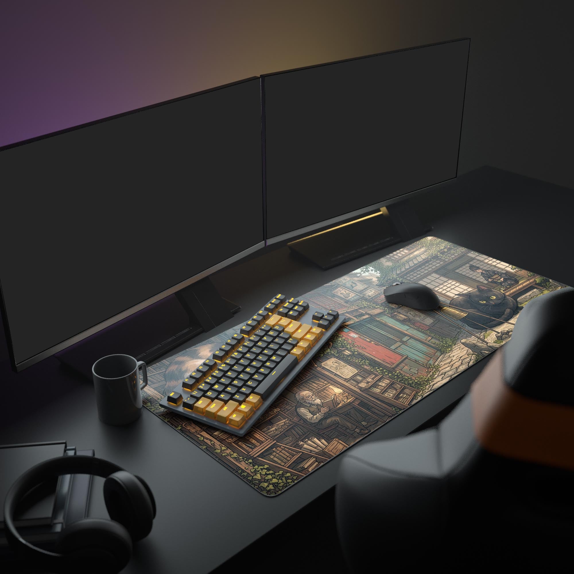 A full PC setup showcasing the Guardian Cats XL Mouse Pad, its large size complementing a gaming keyboard and monitor to create a cozy, lofi workspace. - Epic Design Pads & Mousepads