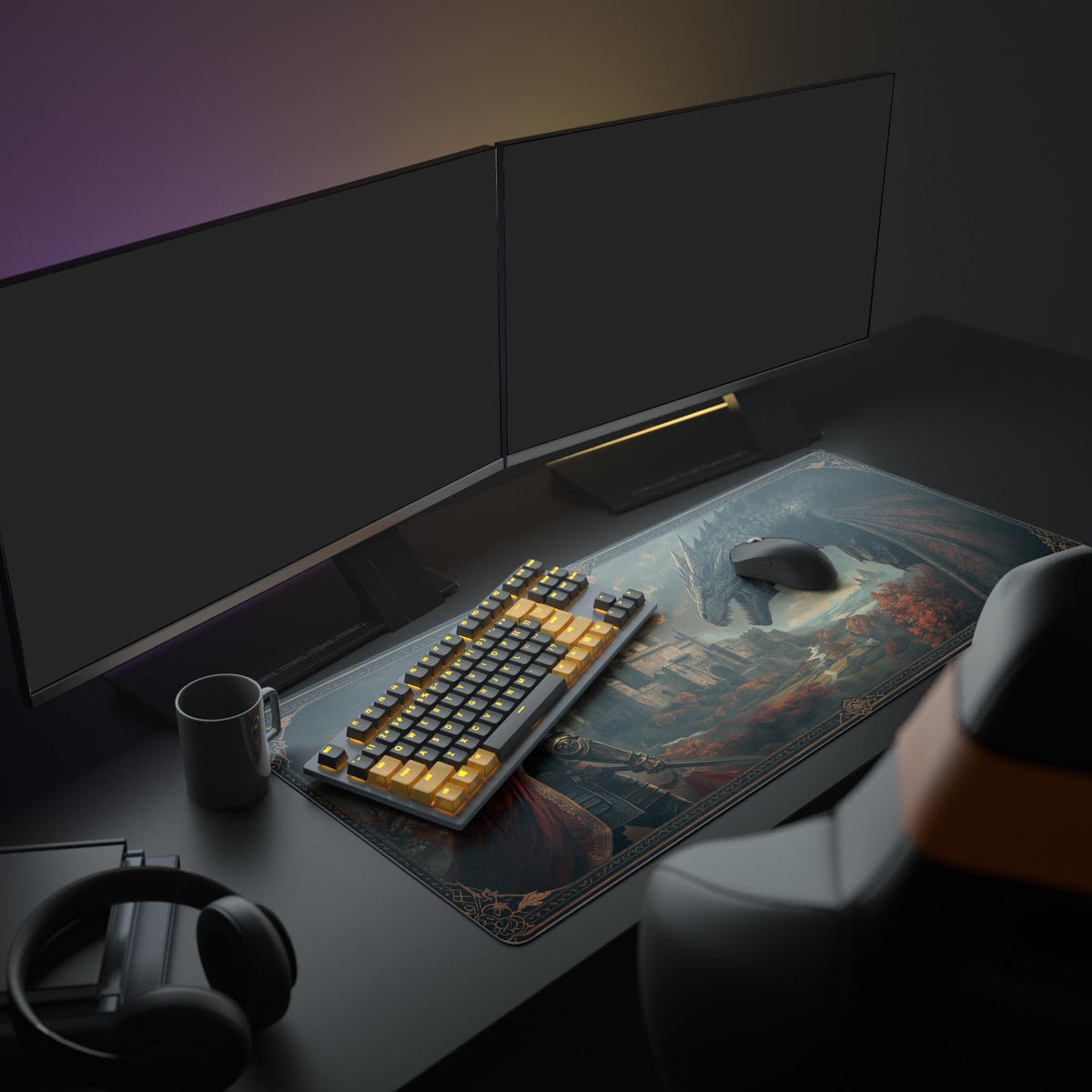 Large fantasy desk mat featuring a knight vs dragon scene – shown in an epic gaming setup with dual monitors and RGB lighting. - Epic Design Pads & Mousepads