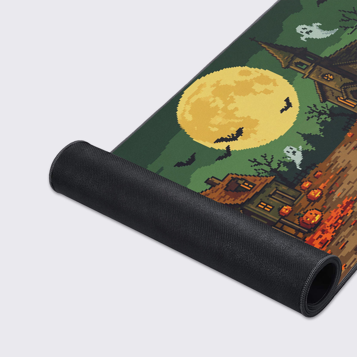 Detailed pixel art showing bats flying under a large yellow moon over a spooky chapel