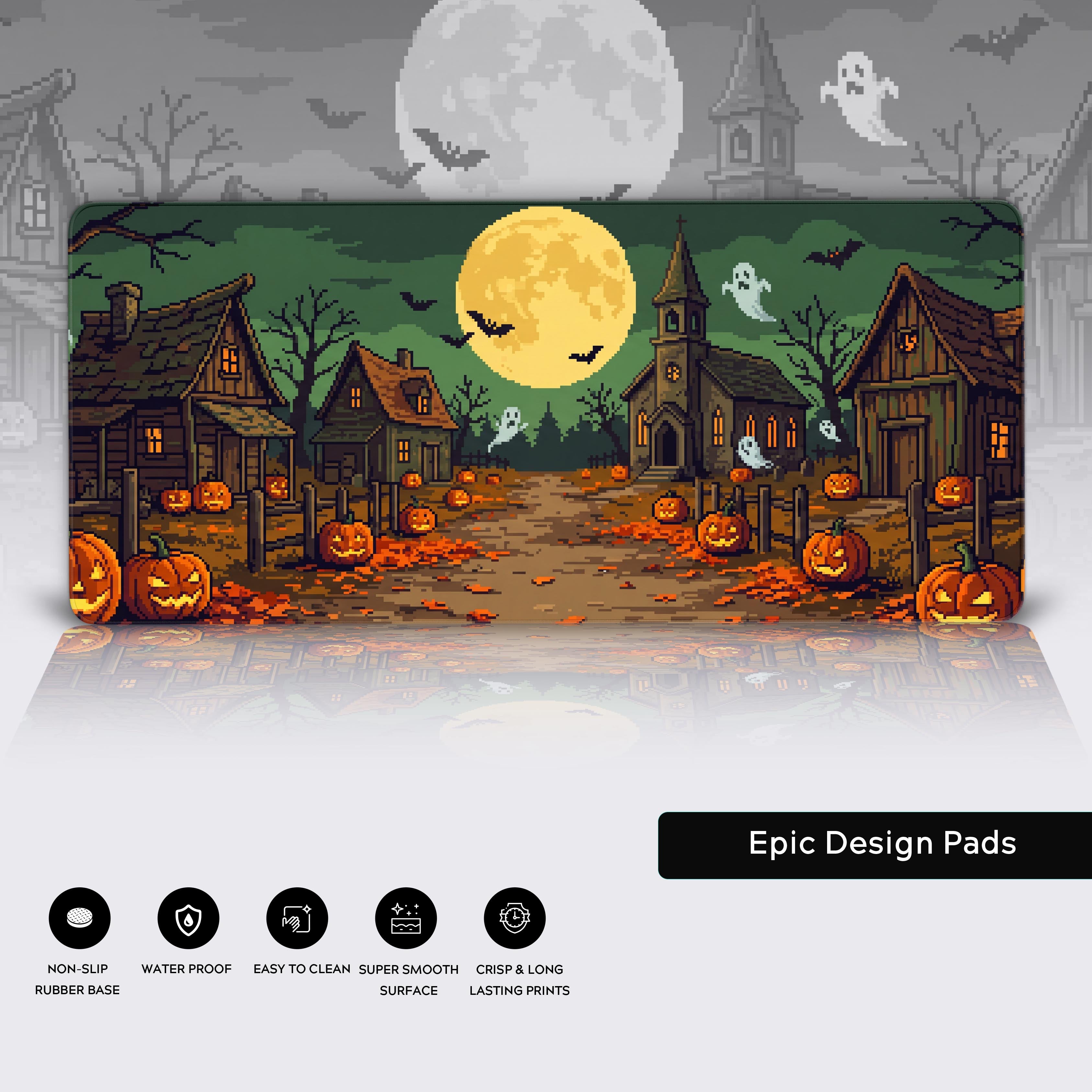 Full view of the Halloween pixel art desk mat design with product feature icons below