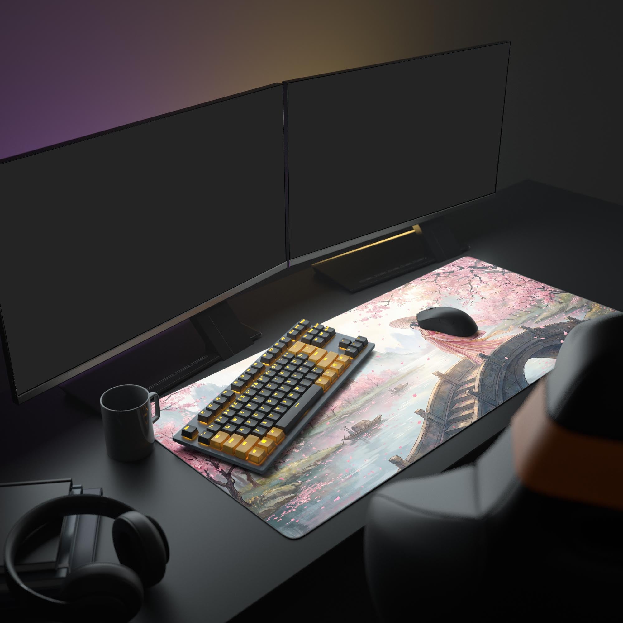 Close-up highlighting the crisp, long-lasting print of the cherry blossom and pagoda desk mat.