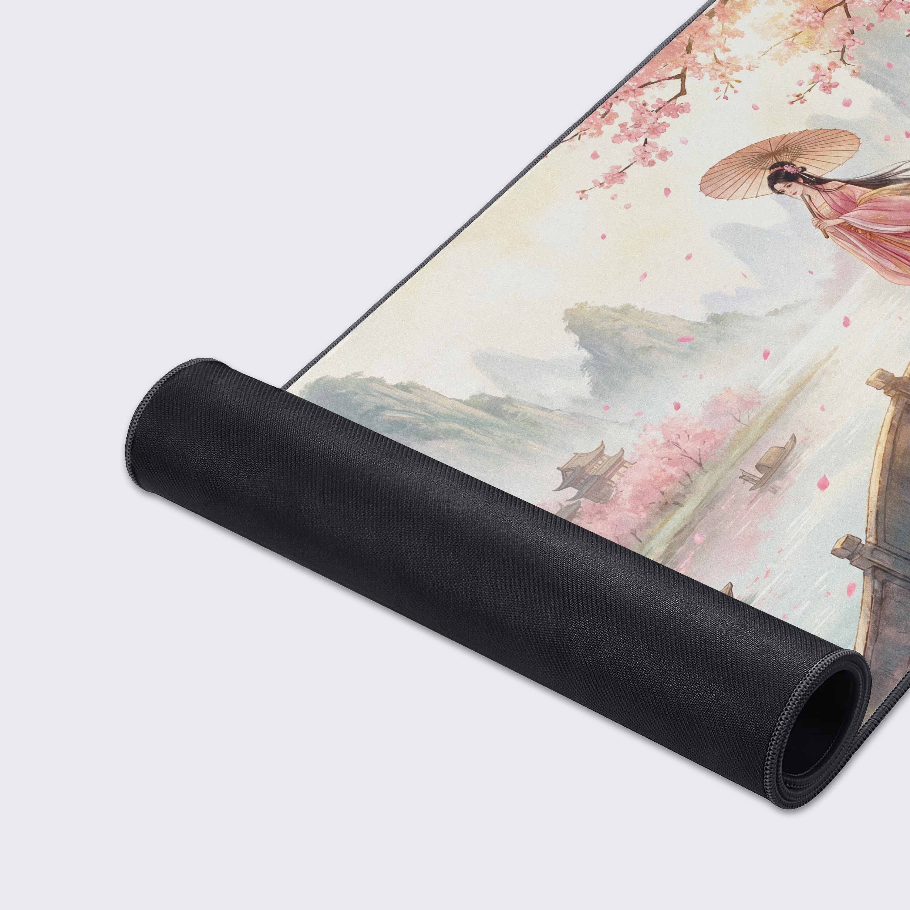 Detail shot showing the waterproof and super smooth surface of the traditional Asian landscape mouse pad.