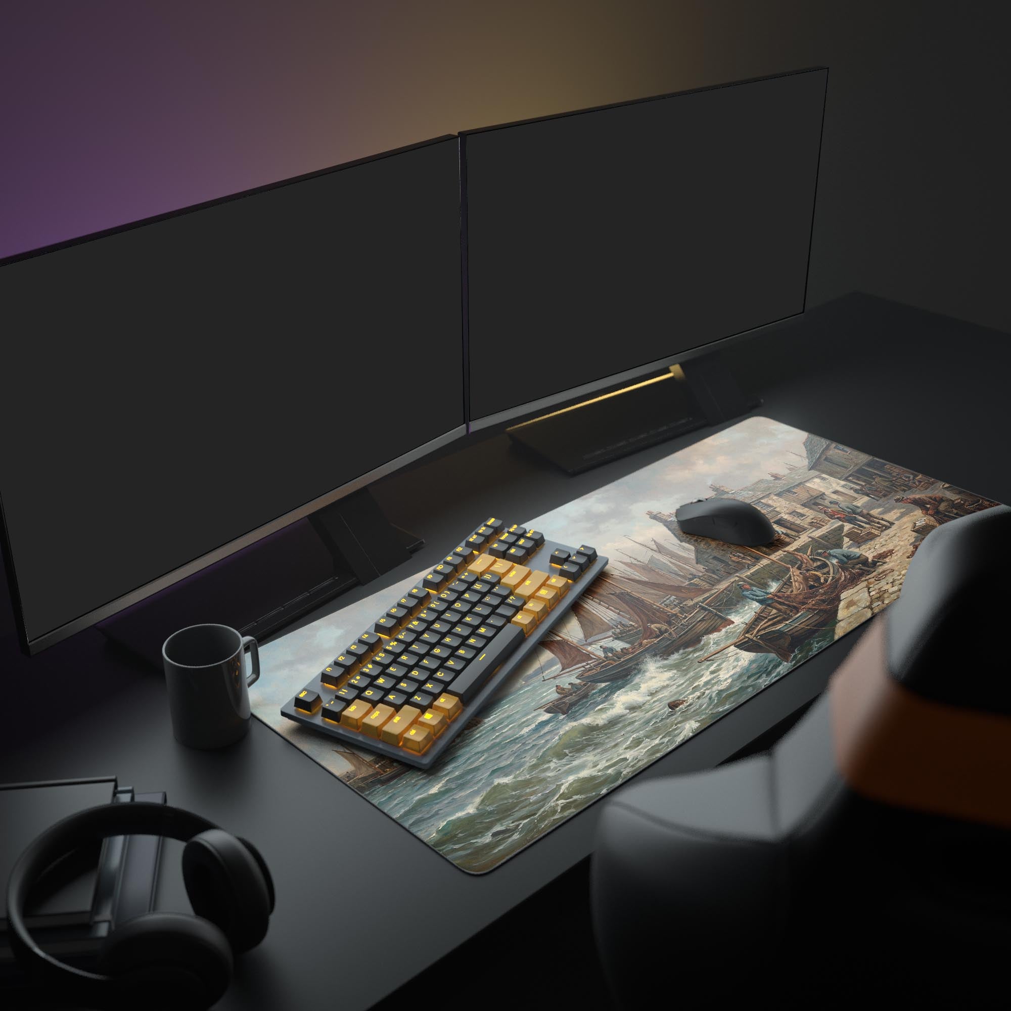 The Harbor Trade XL mouse pad shown in a sophisticated desk setup, unifying a full PC battlestation with its vintage maritime art style. - Epic Design Pads & Mousepads