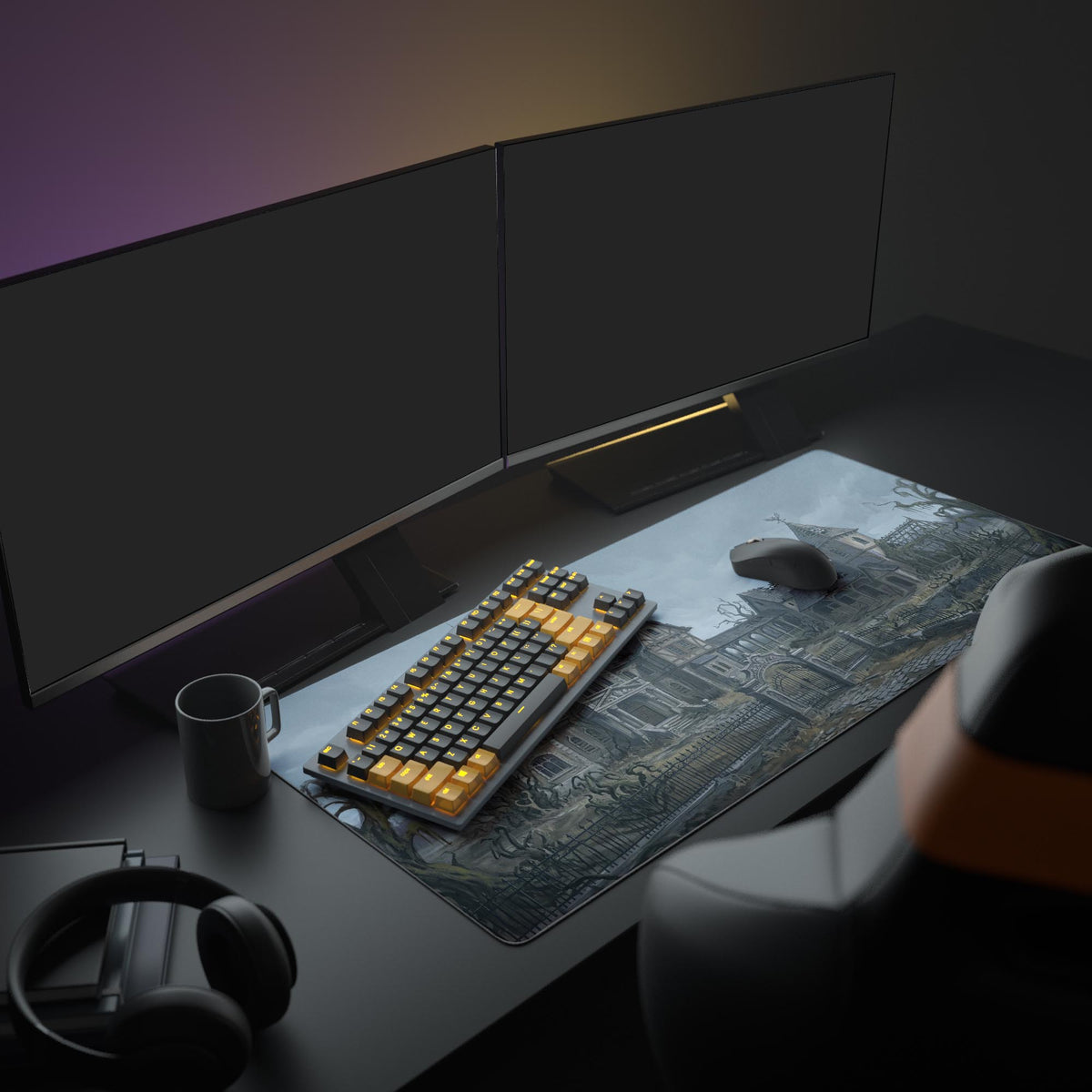 A full gaming PC setup featuring the Haunted Grounds mouse pad, creating a dark, atmospheric theme with its crumbling mansion design. - Epic Design Pads & Mousepads