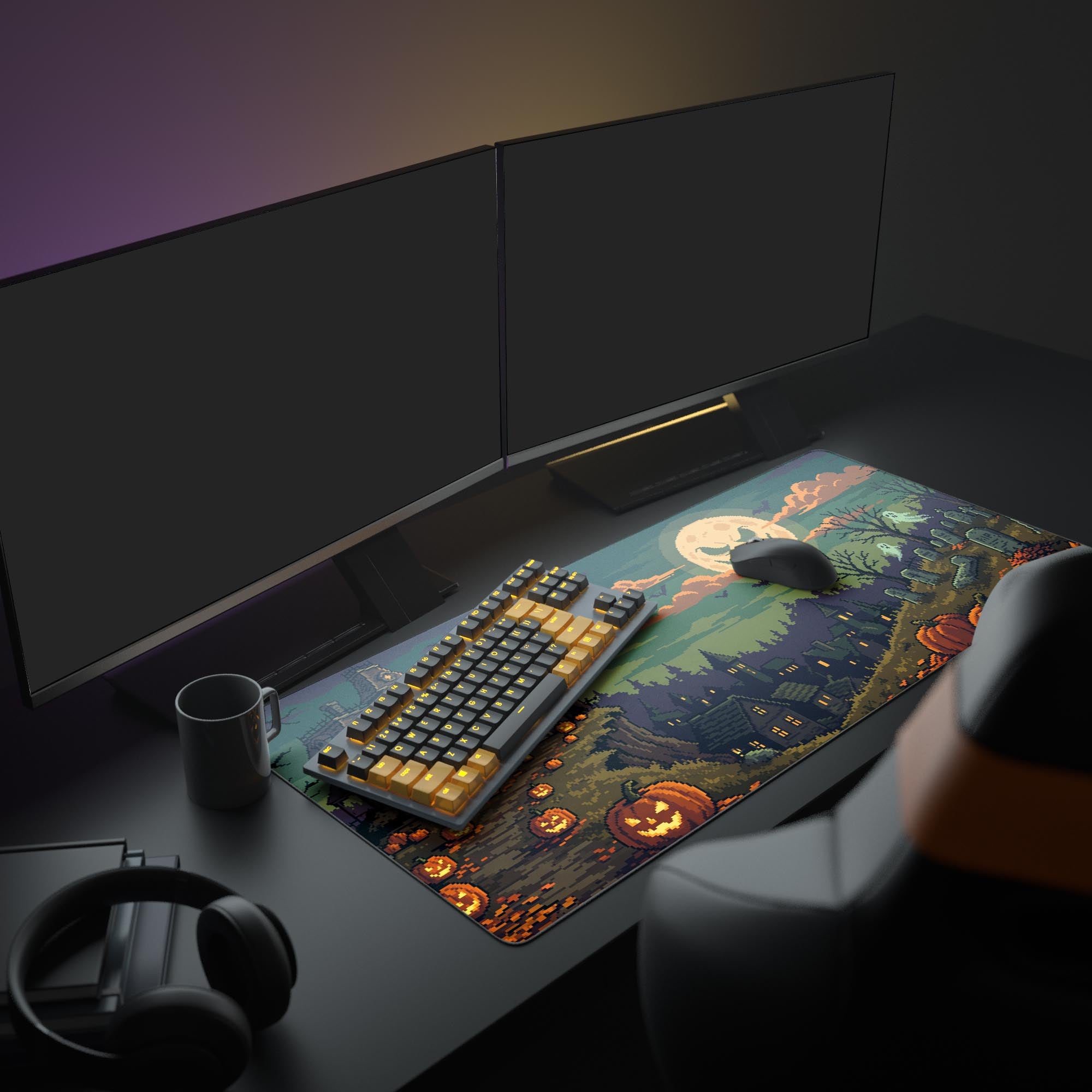 Detailed view of the pixel art haunted mansion and glowing jack-o-lanterns on the desk mat