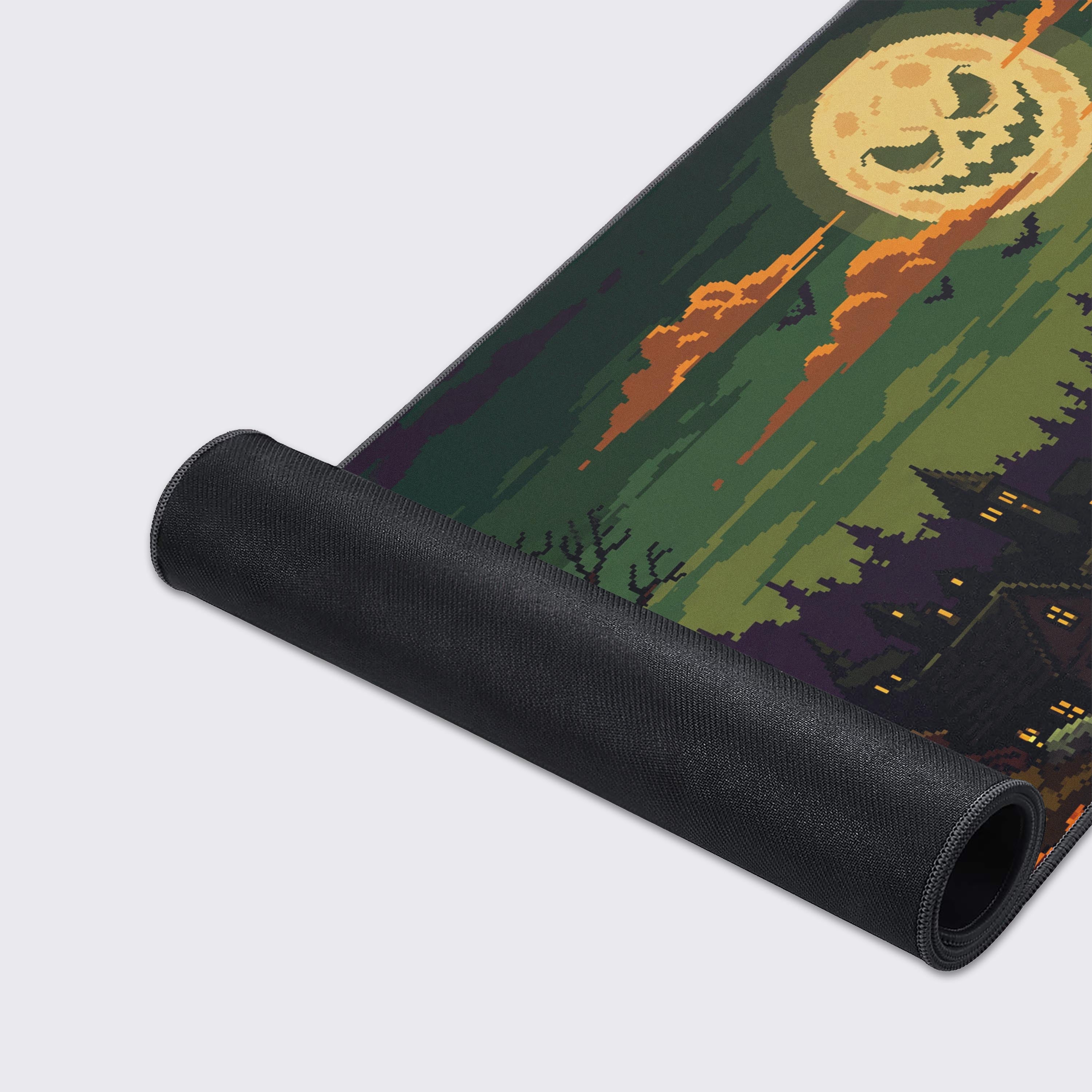 Close-up of the pixel graveyard with ghosts and spooky moon artwork