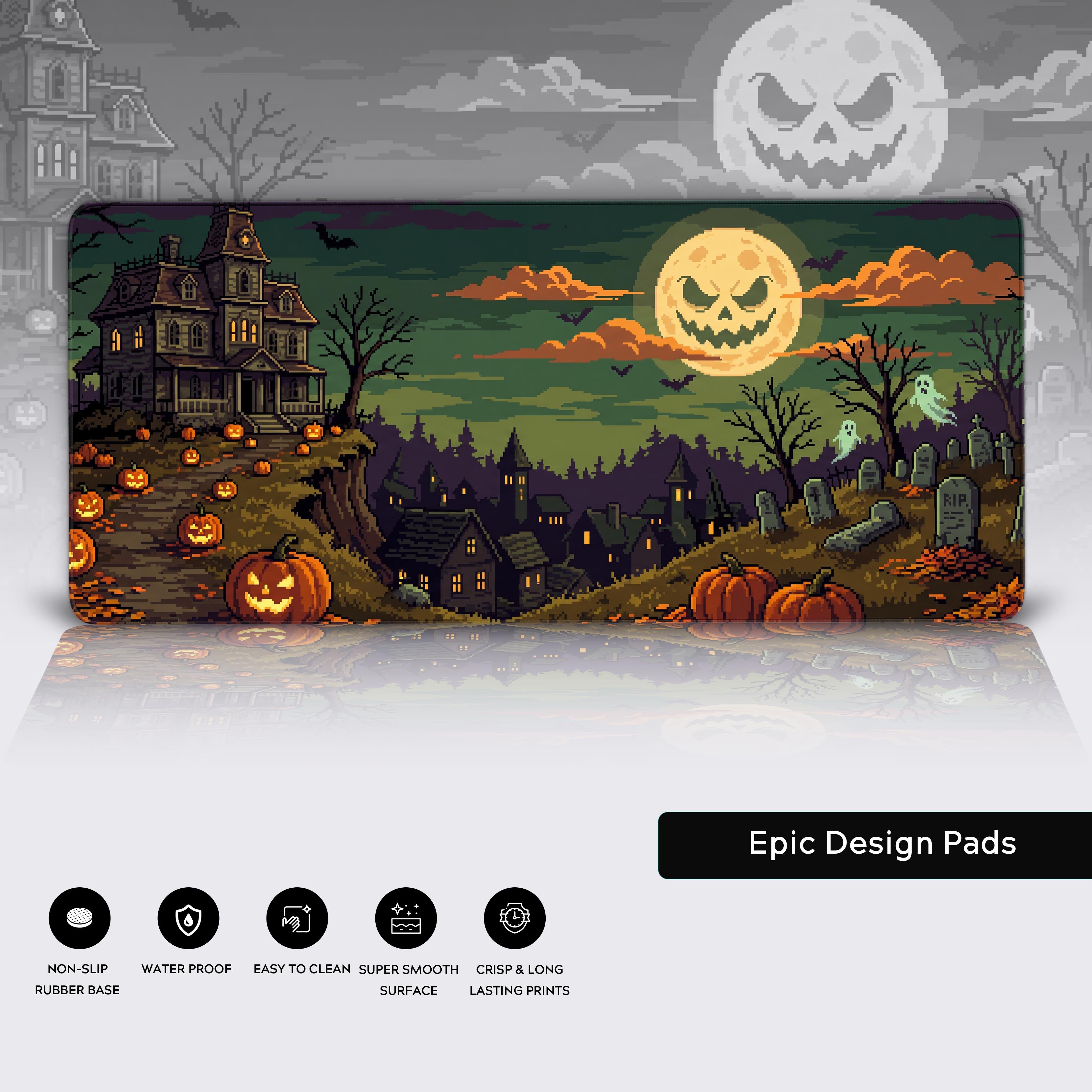 Full view of the Halloween pixel art mouse pad design showing the complete spooky village scene