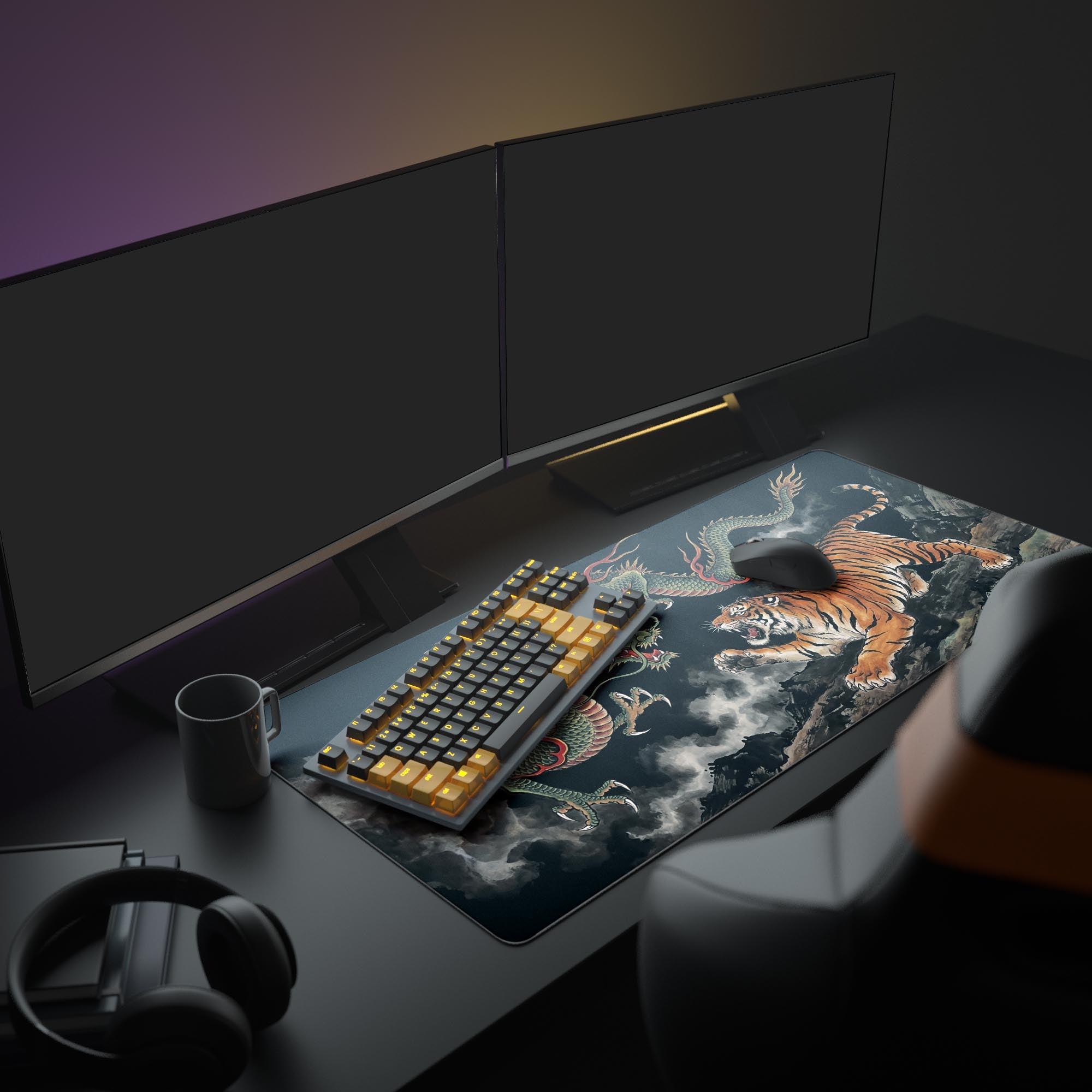 A full gaming setup showing the Heaven and Earth gaming desk mat, creating a dynamic Asian mythology aesthetic with monitors and peripherals. - Epic Design Pads & Mousepads
